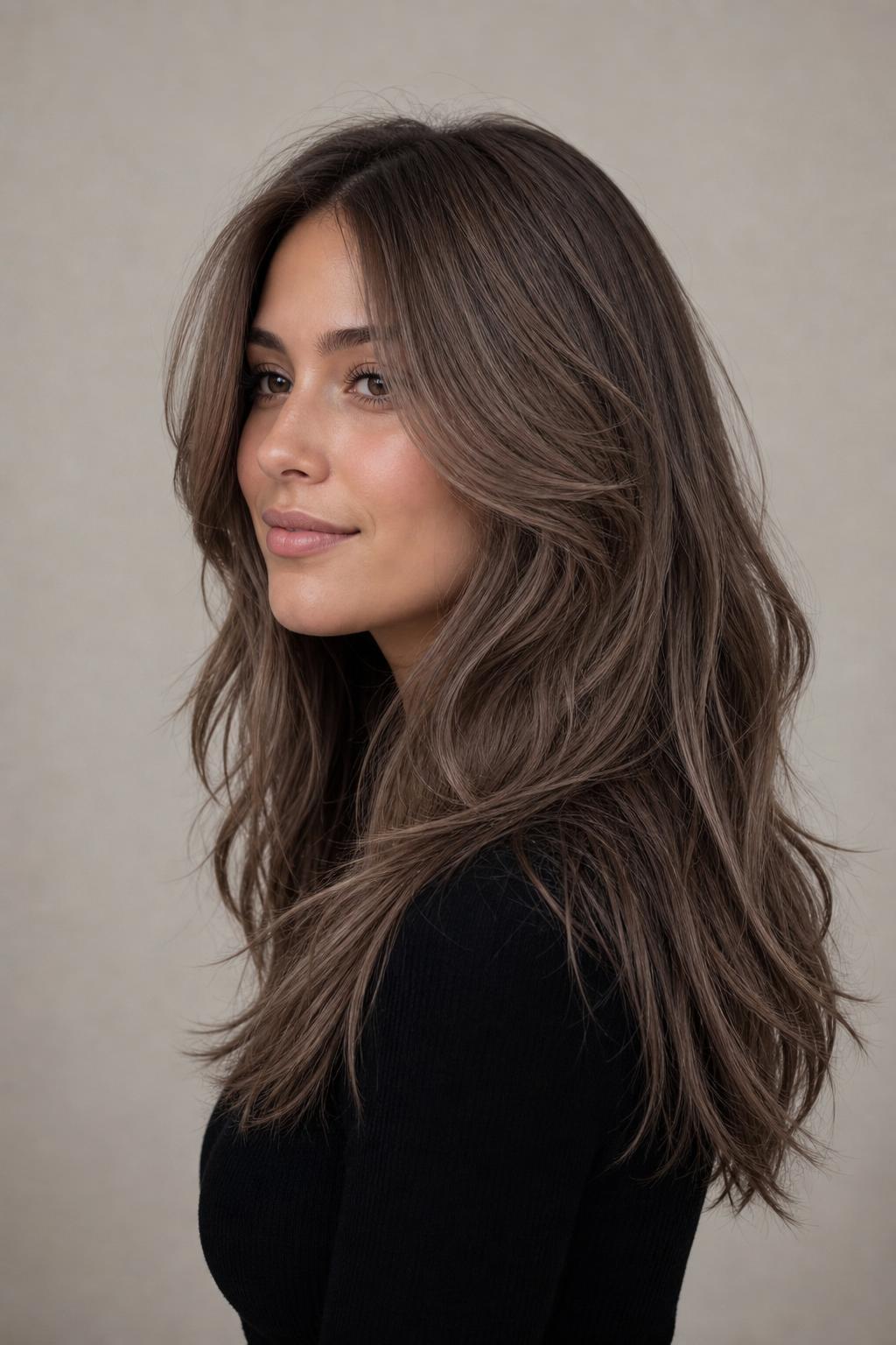 Mushroom Taupe Soft Waves with Smoky Greige Dimension on Long Hair