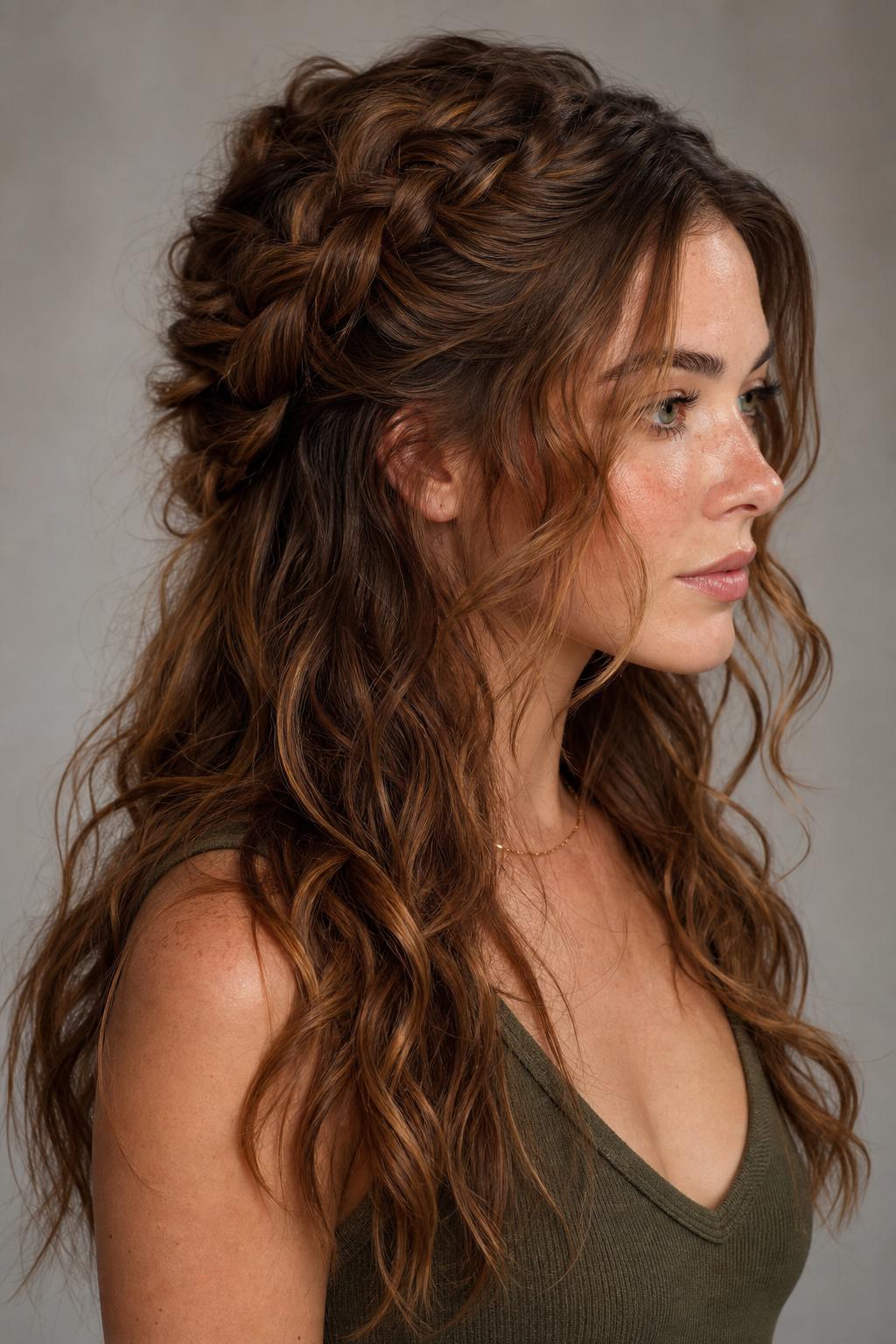 Octopus Haircut in Loose Braided Half-Up Crown Style with Long Cascading Lengths Below