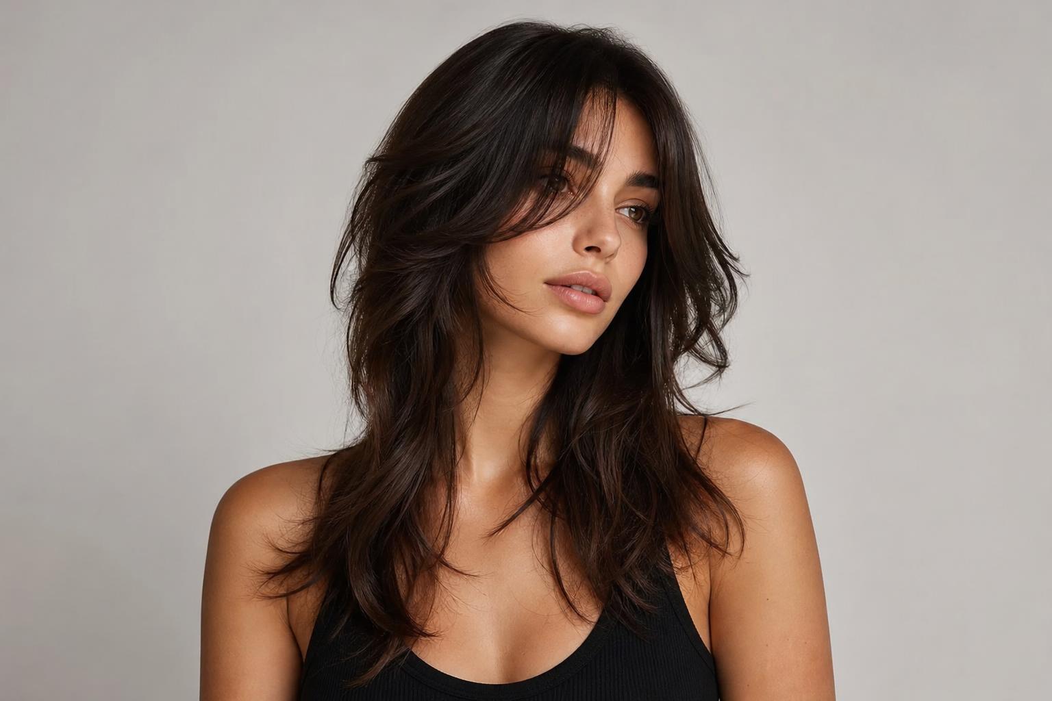 Octopus Haircut with Long Curtain-Style Layers and Wispy Ends on Dark Brunette Hair