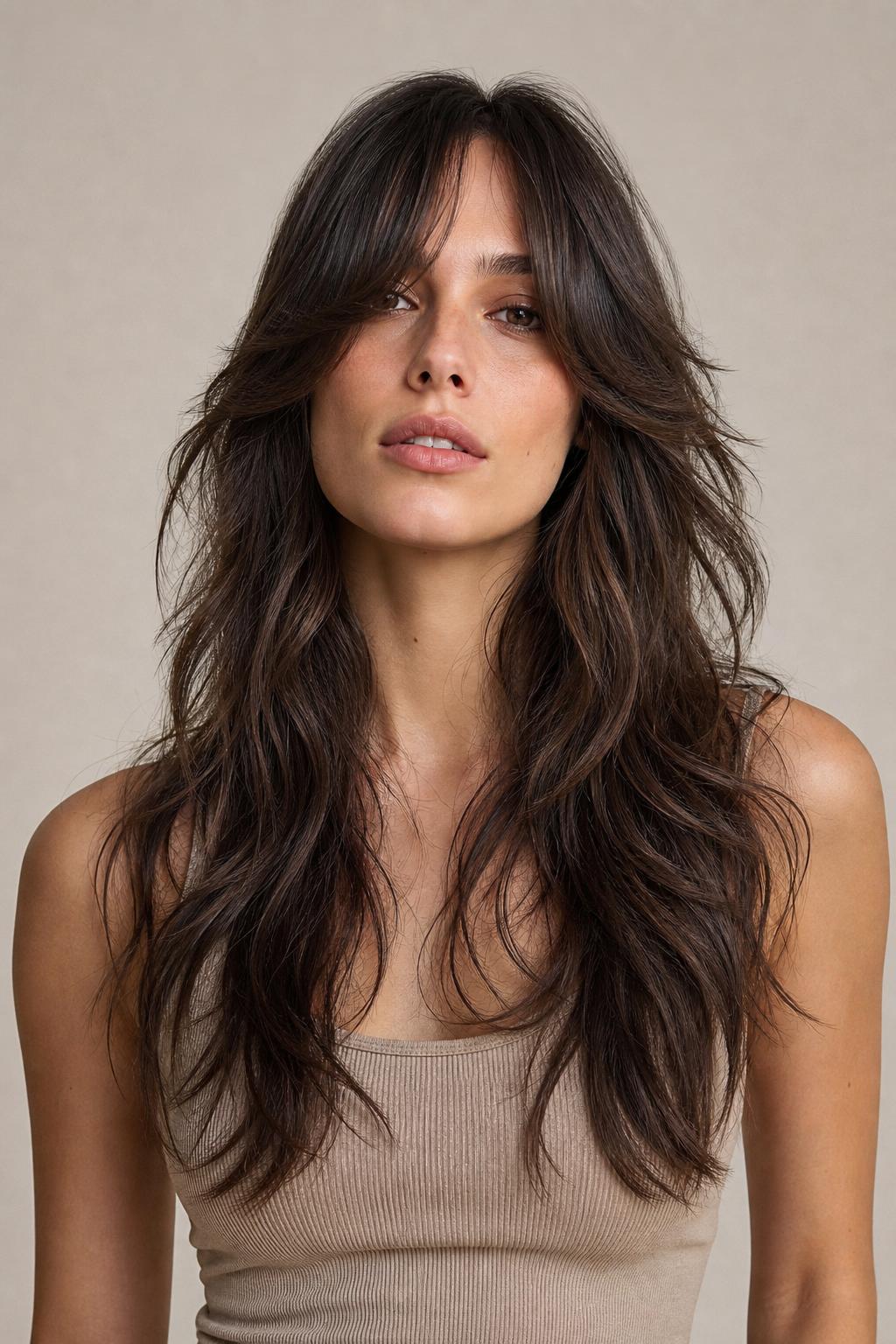 Hip-Length Octopus Haircut with Curtain Bangs and Long Flowing Wispy Lengths on Brunette Hair