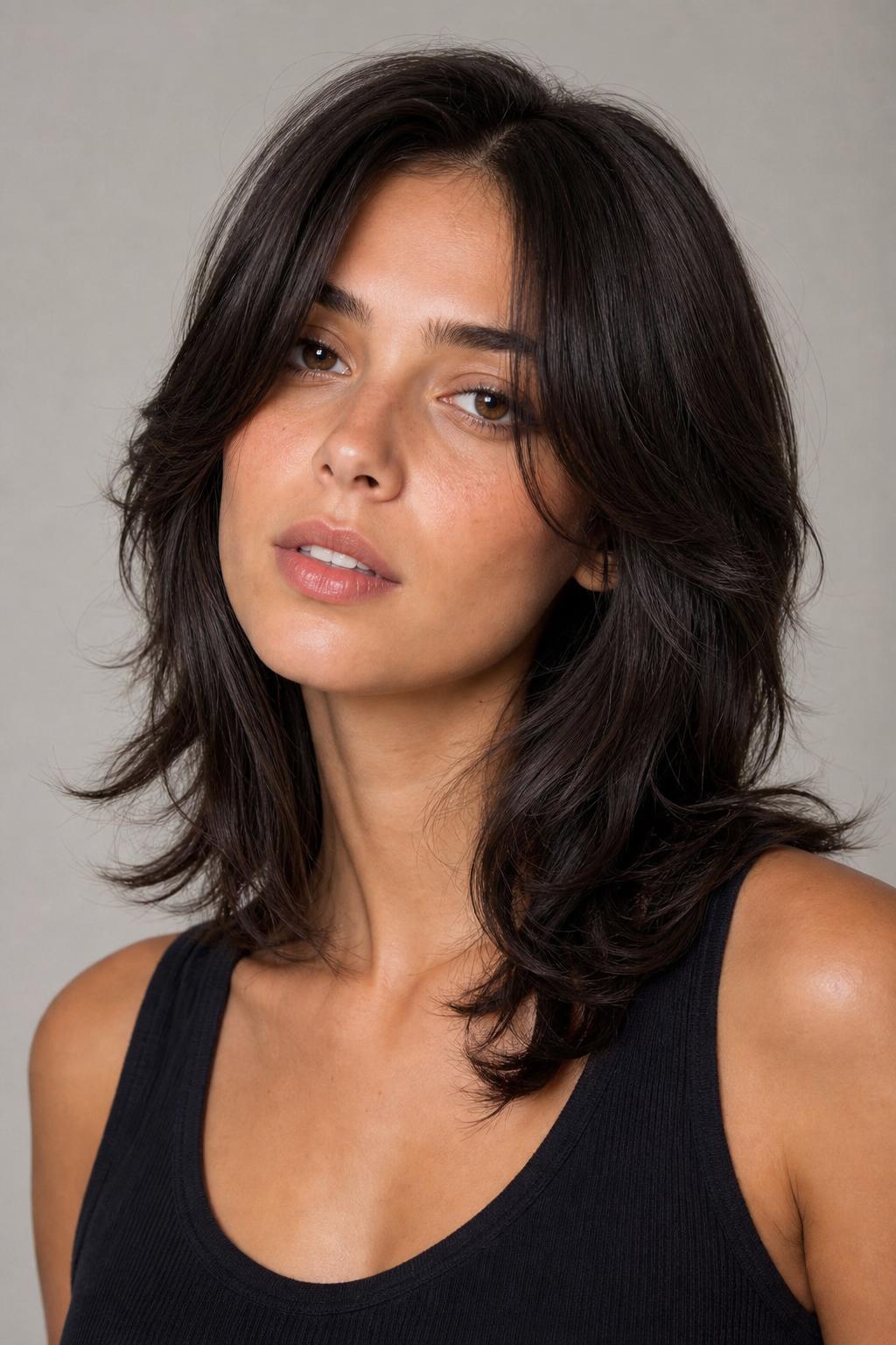 Collarbone Octopus Haircut with Side Part and Face-Framing Layers on an Oval Face