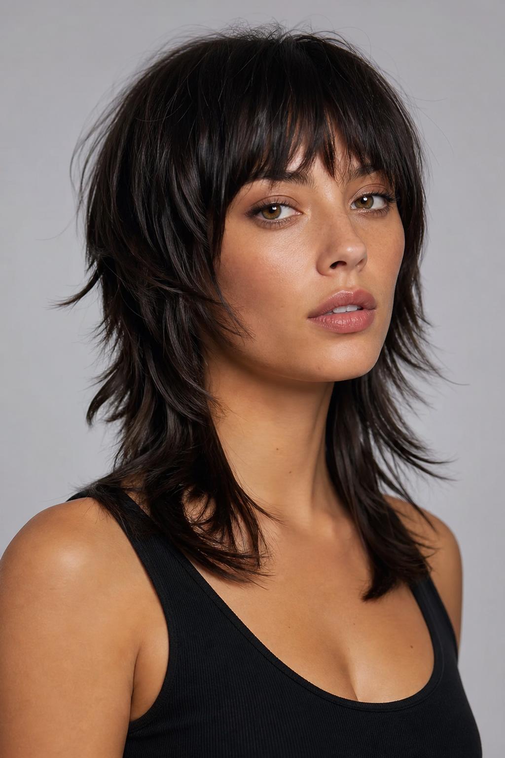 Mid-Length Octopus Haircut with Razor-Cut Crown and Blunt Perimeter on Thick Brunette Hair