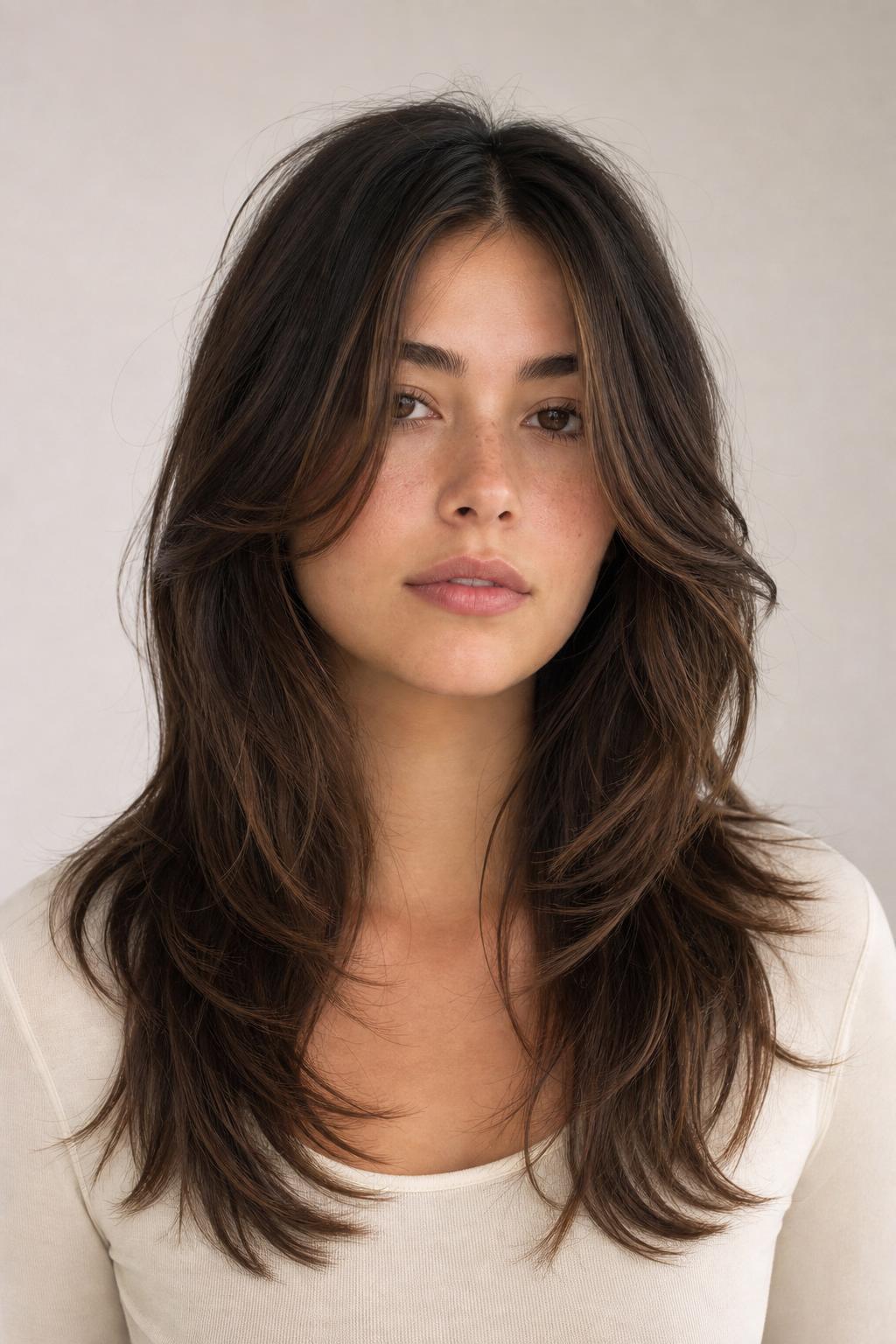 Chest-Length Octopus Haircut for Round Faces with Long Face-Framing Layers and Center Part