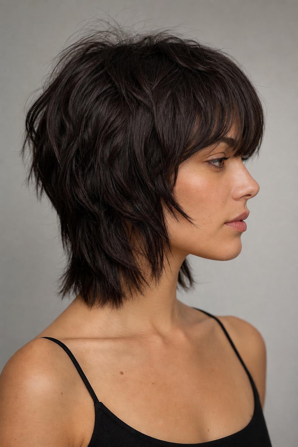 Short Octopus Haircut with Point-Cut Crown and Blunt Perimeter Line on Dark Brunette Hair