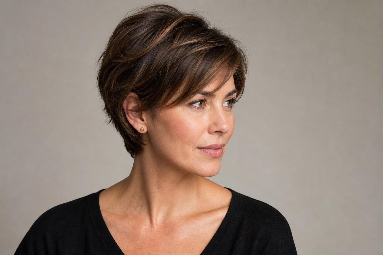 Grown-Out Pixie Cut with Longer Layers Reaching Past the Ears on Brown Hair