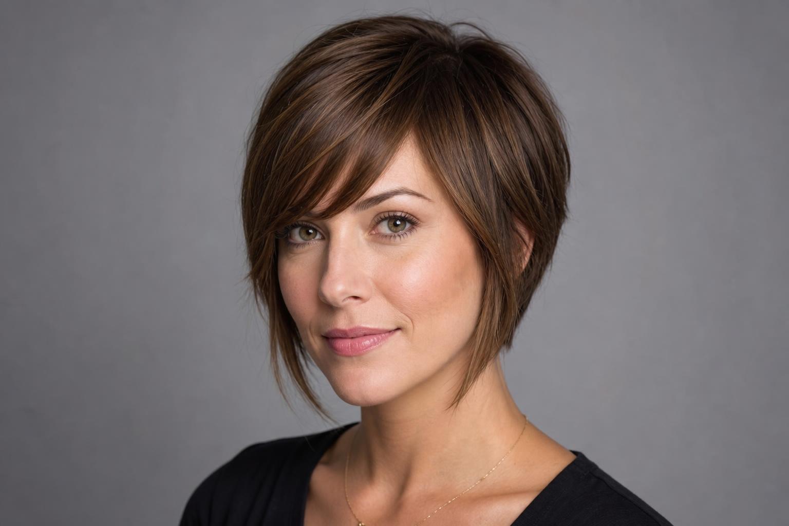 Soft Pixie Cut for a Heart-Shaped Face with Side-Swept Fringe and Jaw-Length Pieces on Brown Hair Soft Pixie Cut for a Heart-Shaped Face with Side-Swept Fringe and Jaw-Length Pieces on Brown Hair