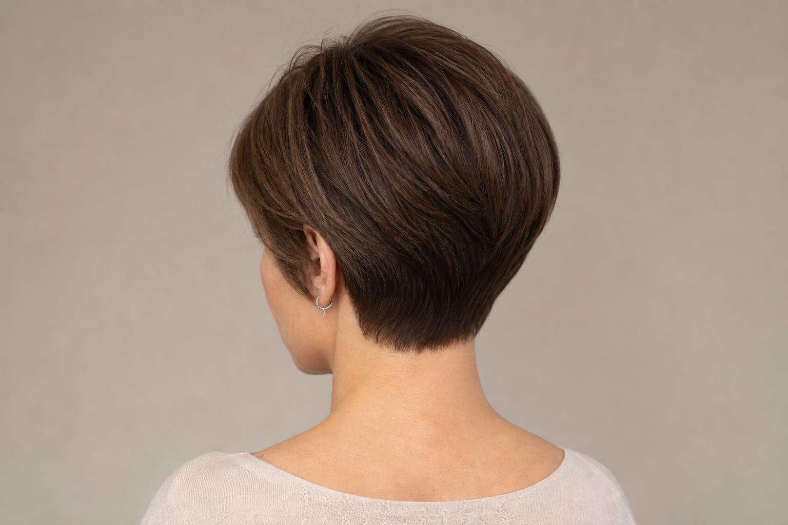 Softly Tapered Neckline at the Back of a Short Pixie Cut on Brown Hair