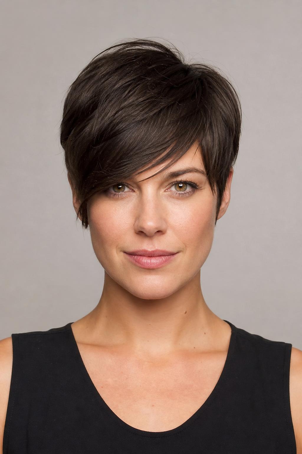 Angled Fringe Pixie with One Side Lower Than the Other Across the Forehead on Medium Dark Hair