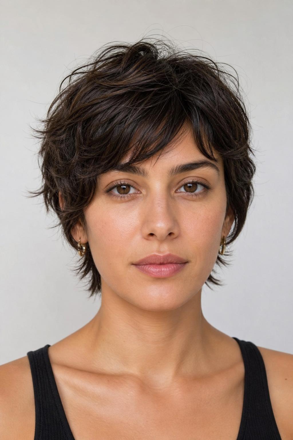 Bixie Transition Cut with Side Length Below the Ear and Layered Crown on Natural Dark Hair
