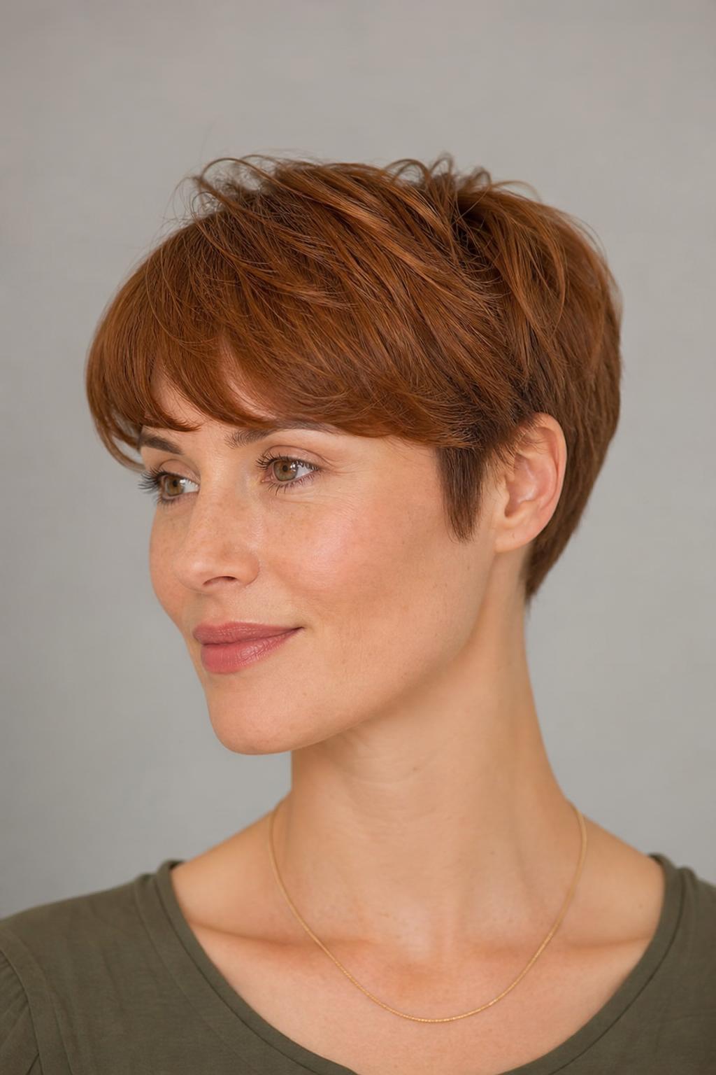 Blow-Dried Curved Fringe Pixie with Lifted Front Volume on Medium Auburn Hair