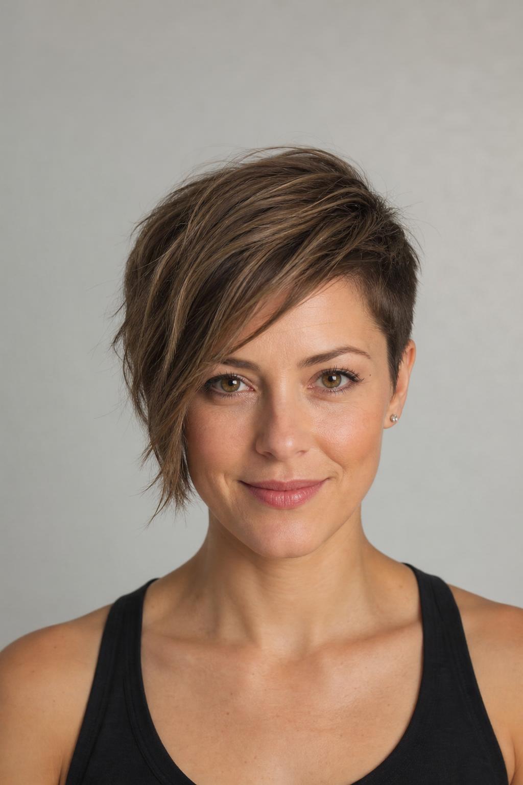 Cheekbone-Framing Asymmetric Pixie with Longer Front Section Reaching Mid-Cheek on Light Brown Hair