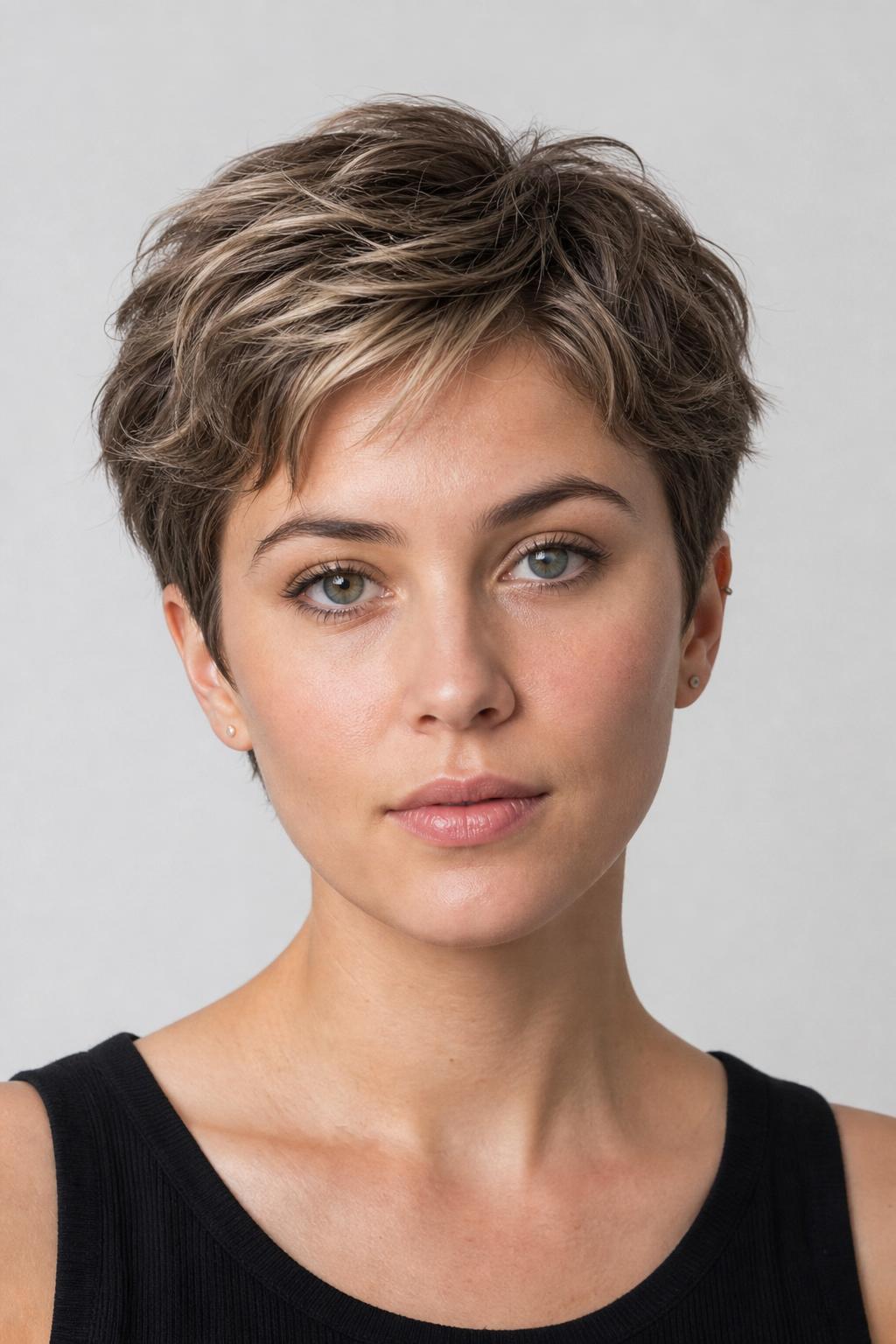 Cool-Tone Ash Brunette Textured Pixie with Dimensional Layers and Light Face-Framing Highlights