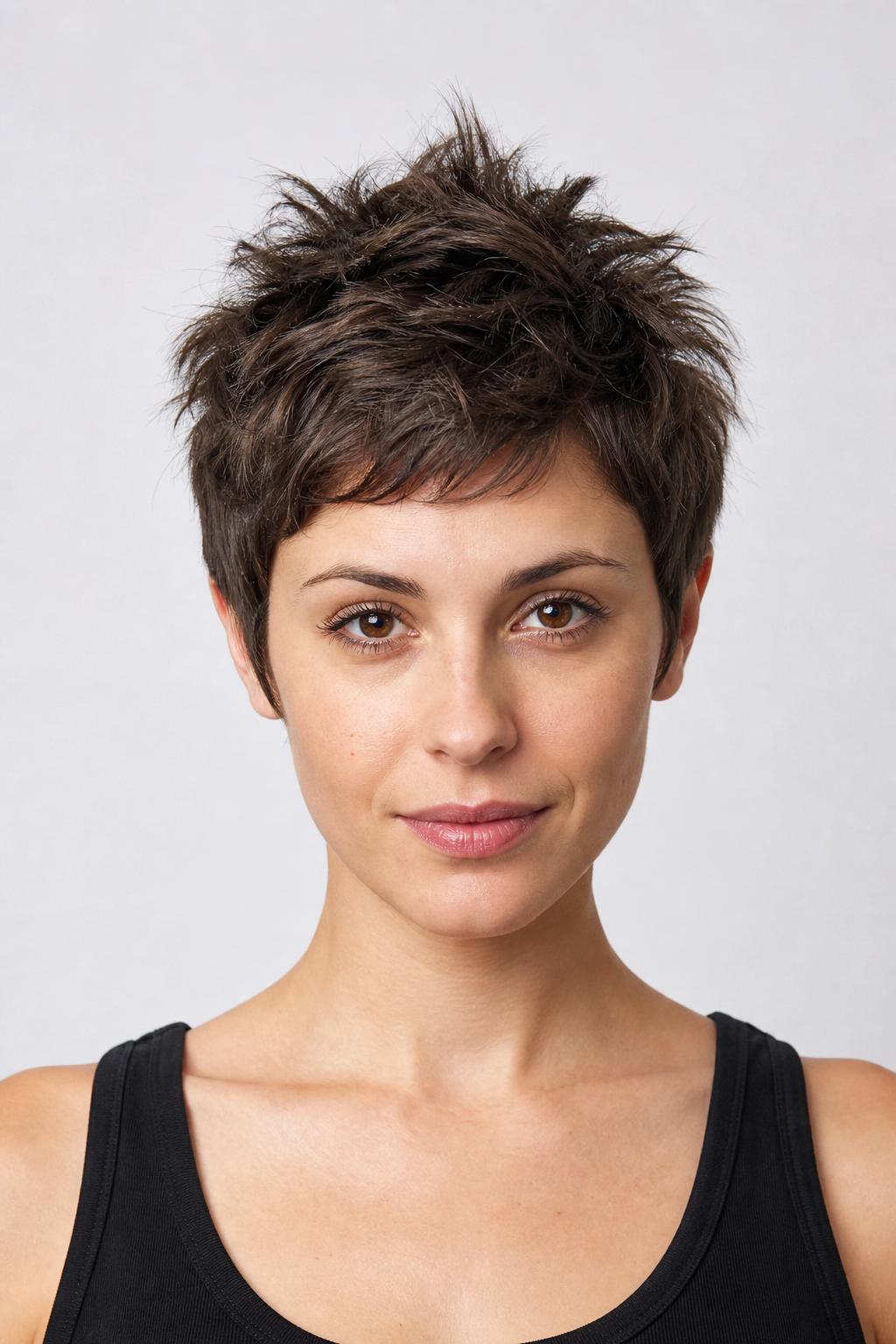 Piece-Out Crown Pixie with Separated Textured Layers on Medium Brunette Hair