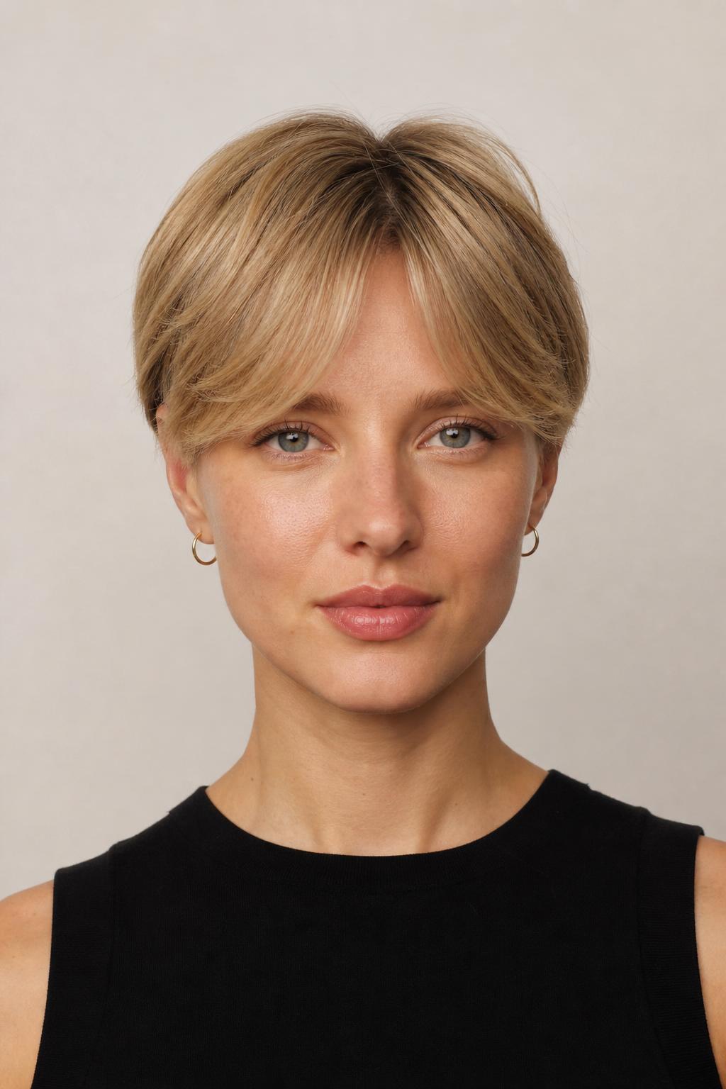 Curtain-Style Pixie with Center-Parted Fringe Pieces on Medium Blonde Hair