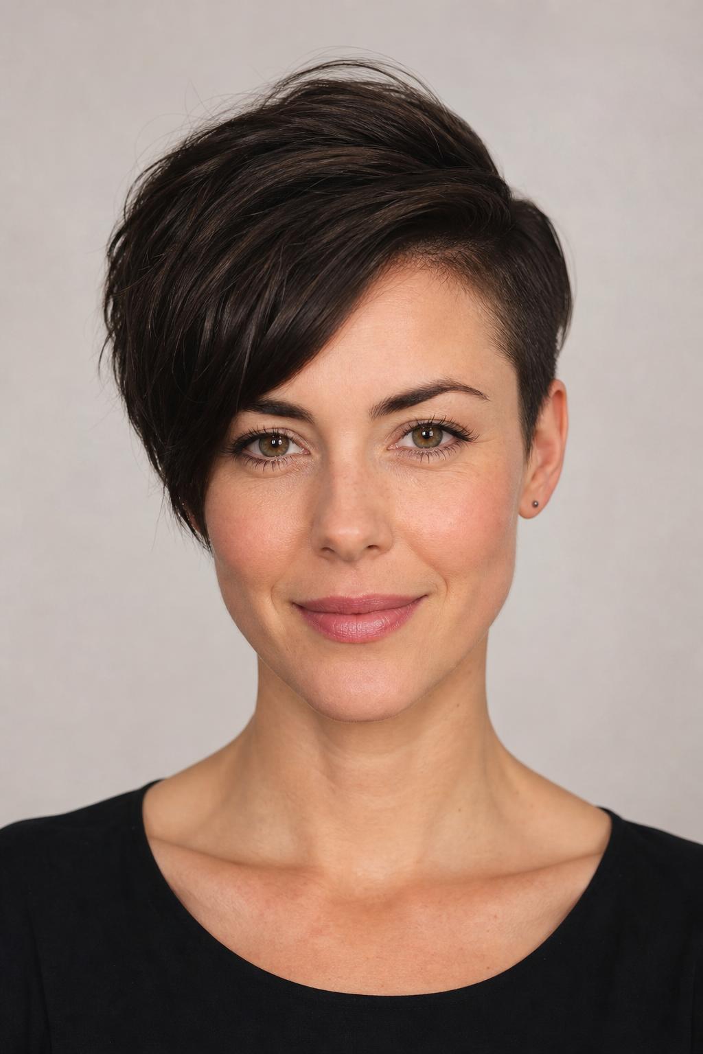 Classic Deep-Part Asymmetric Pixie with More Volume on One Side on Brunette Medium Hair