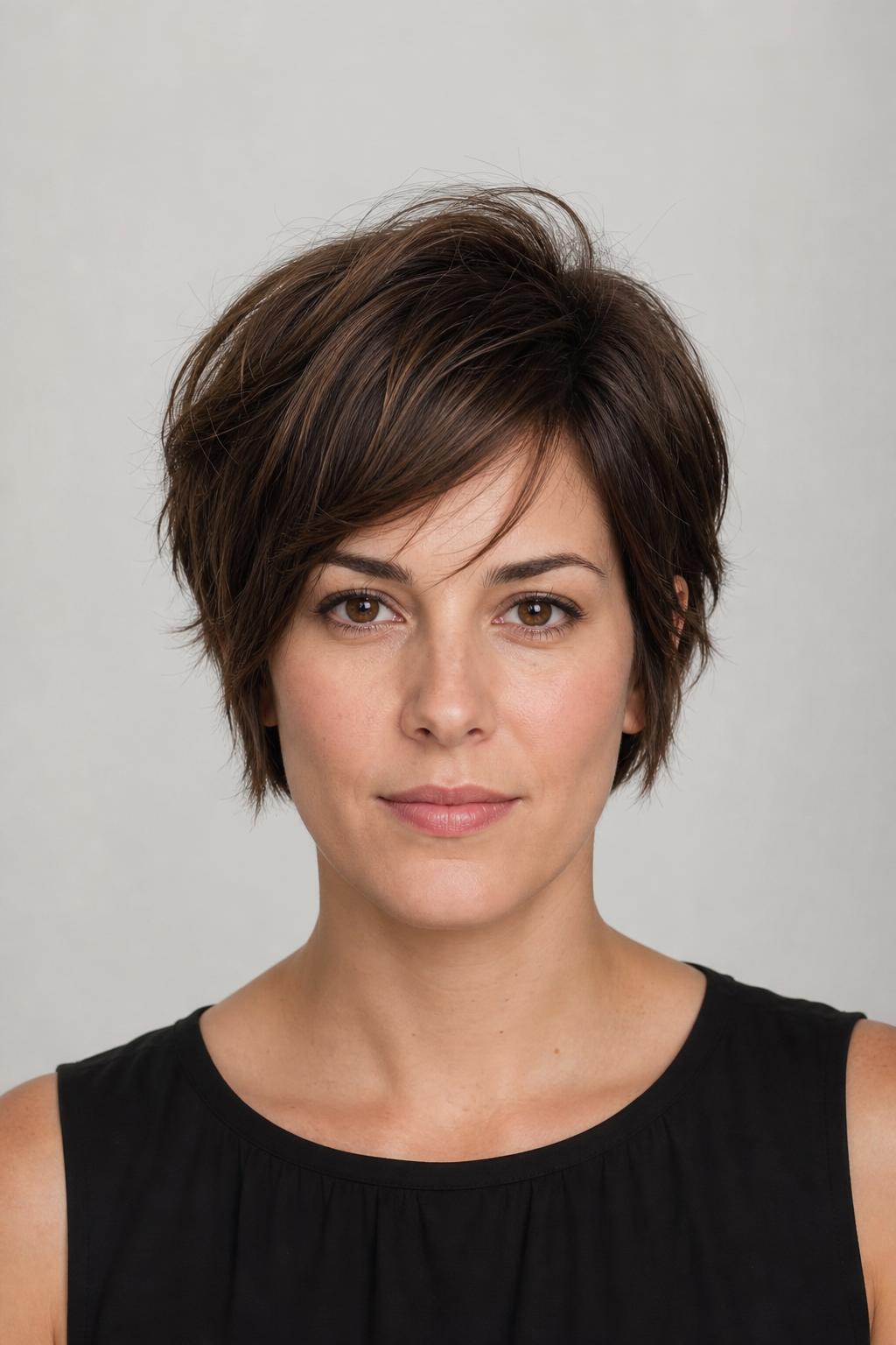 Ear-Grazing Longer Pixie with Side Pieces Reaching the Ear on Medium Brown Hair