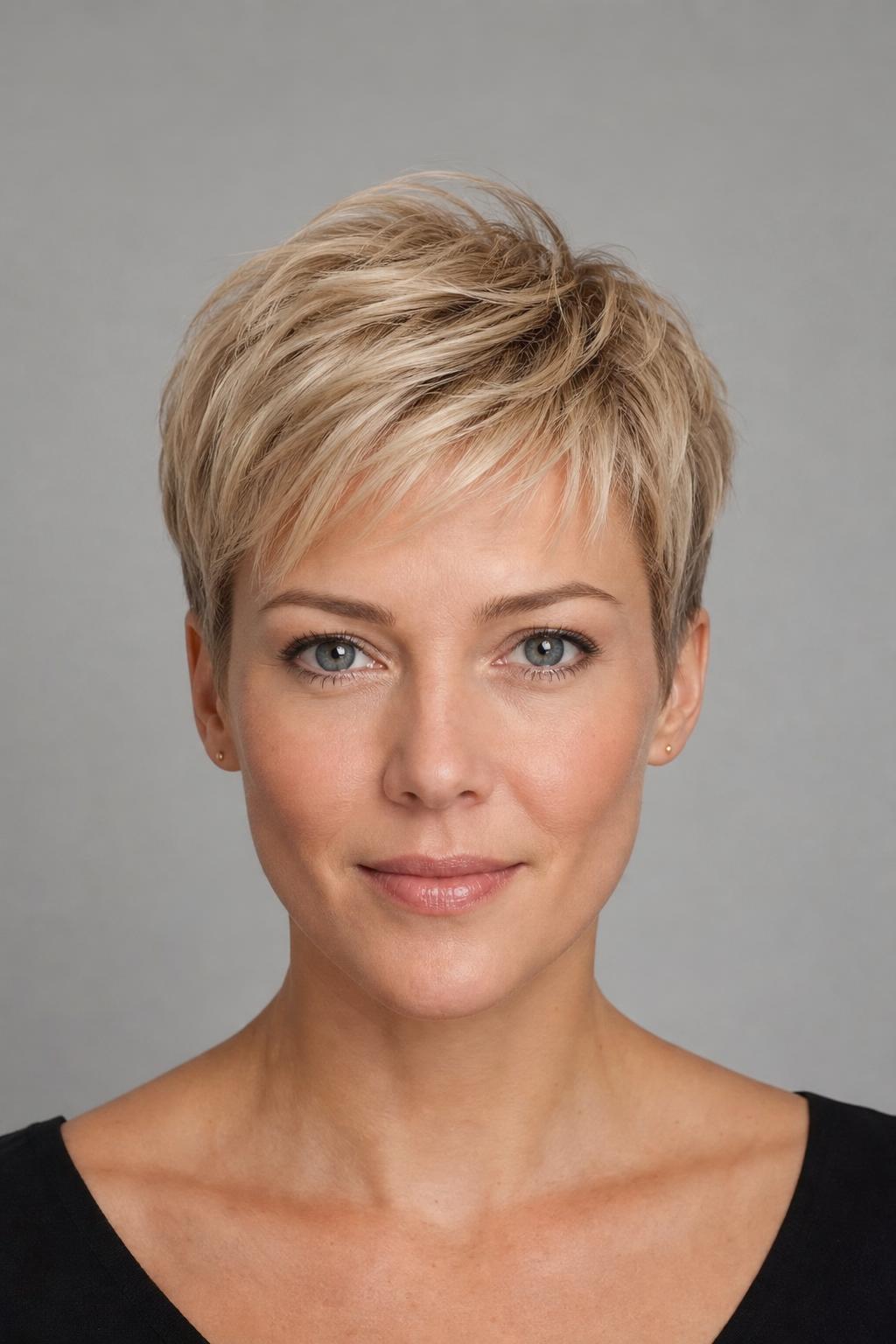 Fine-Hair Volume Pixie with Stacked Crown Layers on Light Blonde Straight Hair