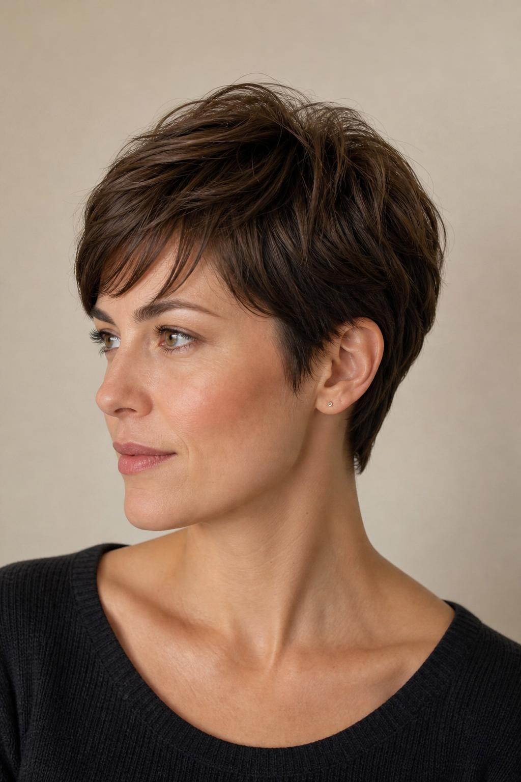 Graduated Long Pixie with Layered Crown Building Rounded Volume on Medium Brunette Hair