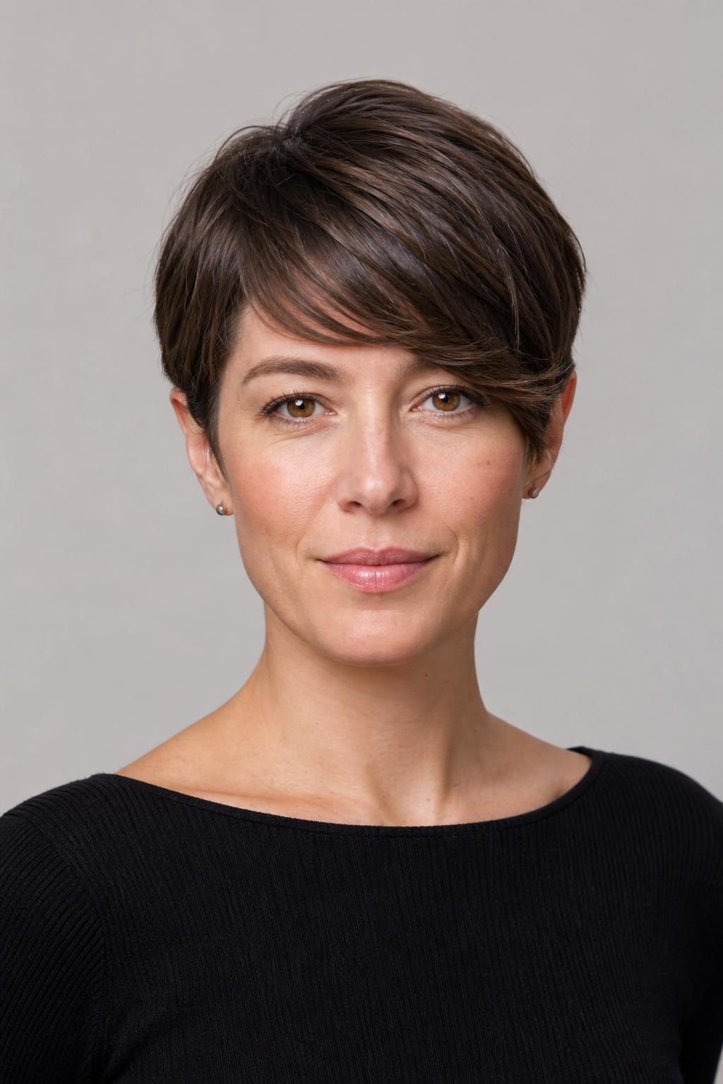 Side-Fringe Pixie with Soft Swept Fringe Grown Just Past the Eyebrow on Natural Brown Hair