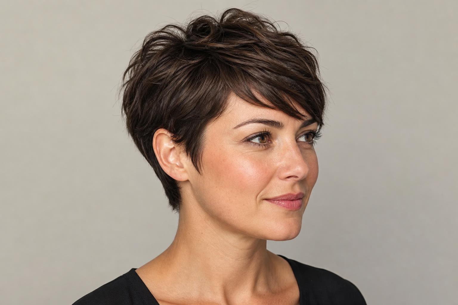 Best Pixie Cut for Square Face Shape with Textured Layers and Side-Swept Fringe Best Pixie Cut for Square Face Shape with Textured Layers and Side-Swept Fringe