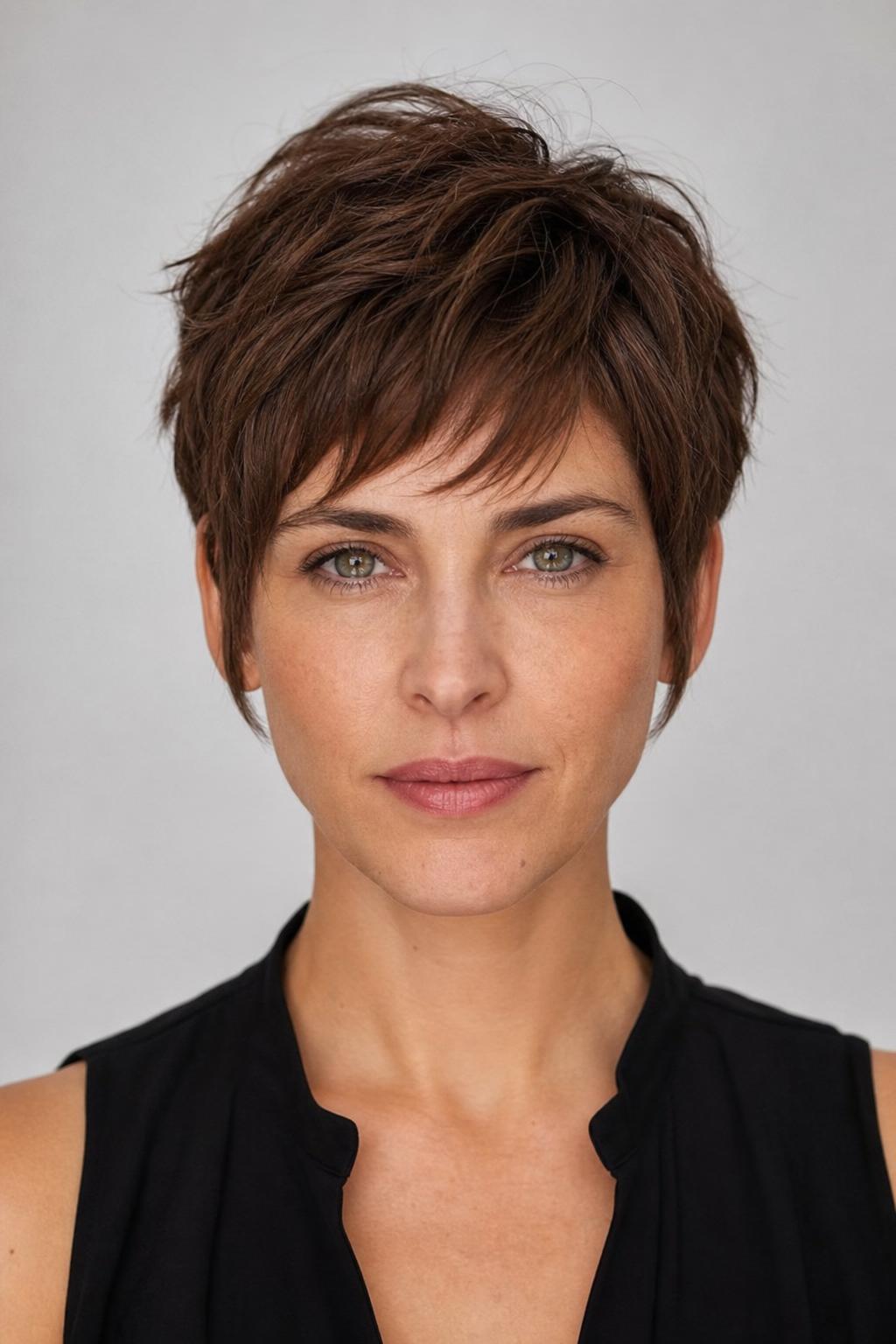 Lifted Crown Pixie with Soft Face-Framing Pieces in Front of Ears on Medium Brown Hair