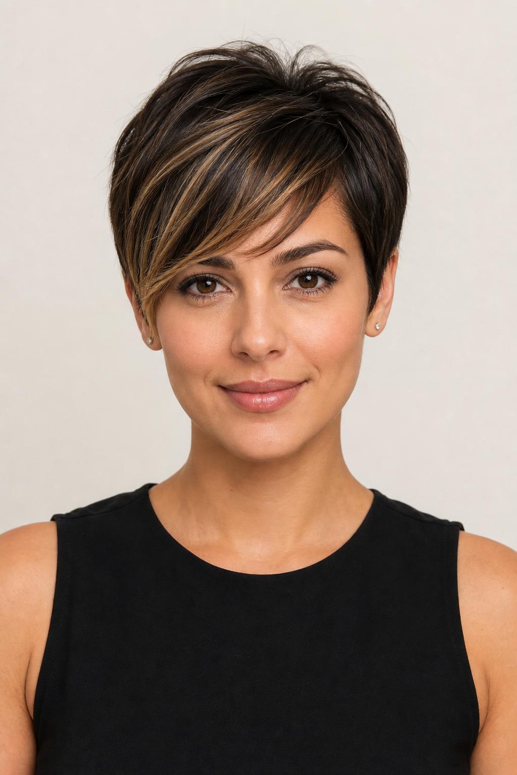 Money-Piece Highlight Pixie with Warm Blonde Front Fringe Sections on Dark Brown Hair