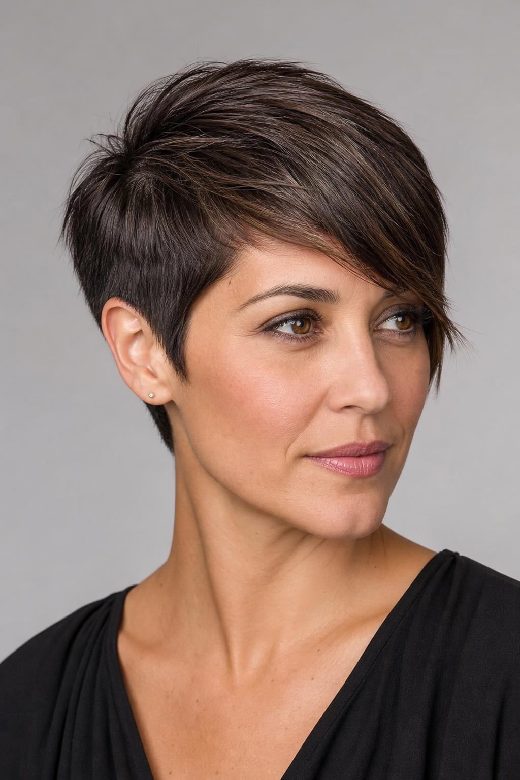 Razor-Edged Asymmetric Pixie with Feathered Longer Front Section Swept to One Side on Dark Hair