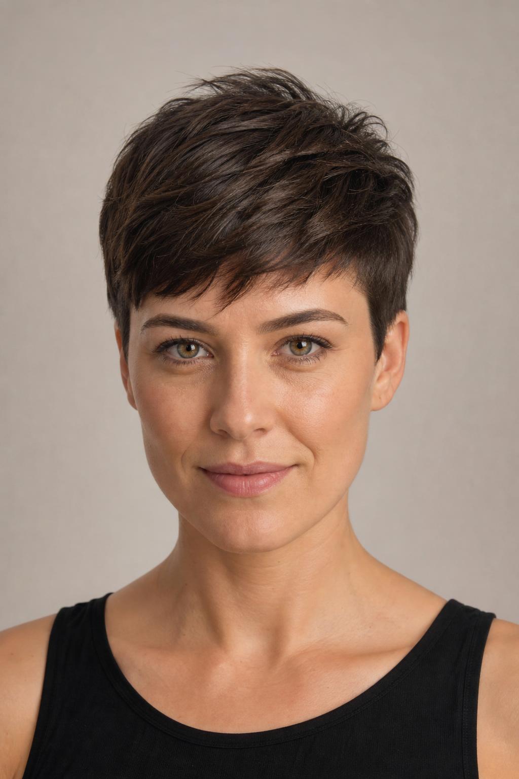 Classic Textured Pixie with Tapered Sides and Piecey Crown on Thick Dark Brown Hair