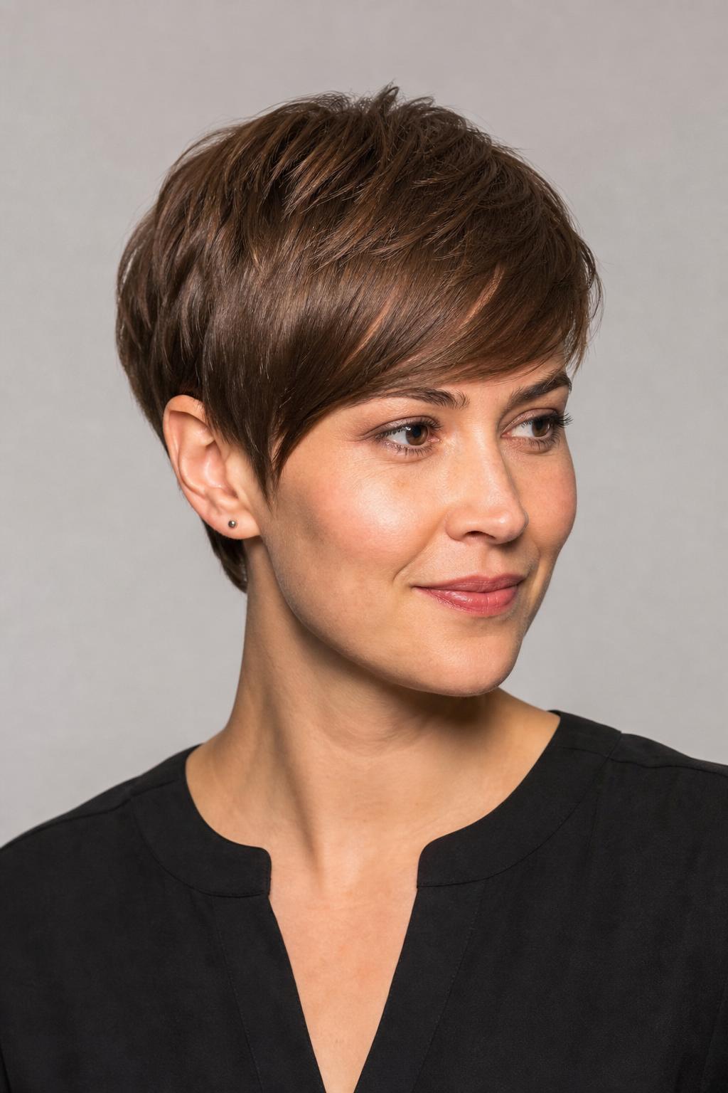 Long Side-Swept Fringe Pixie with Diagonal Fringe Crossing the Forehead on Light Brown Hair