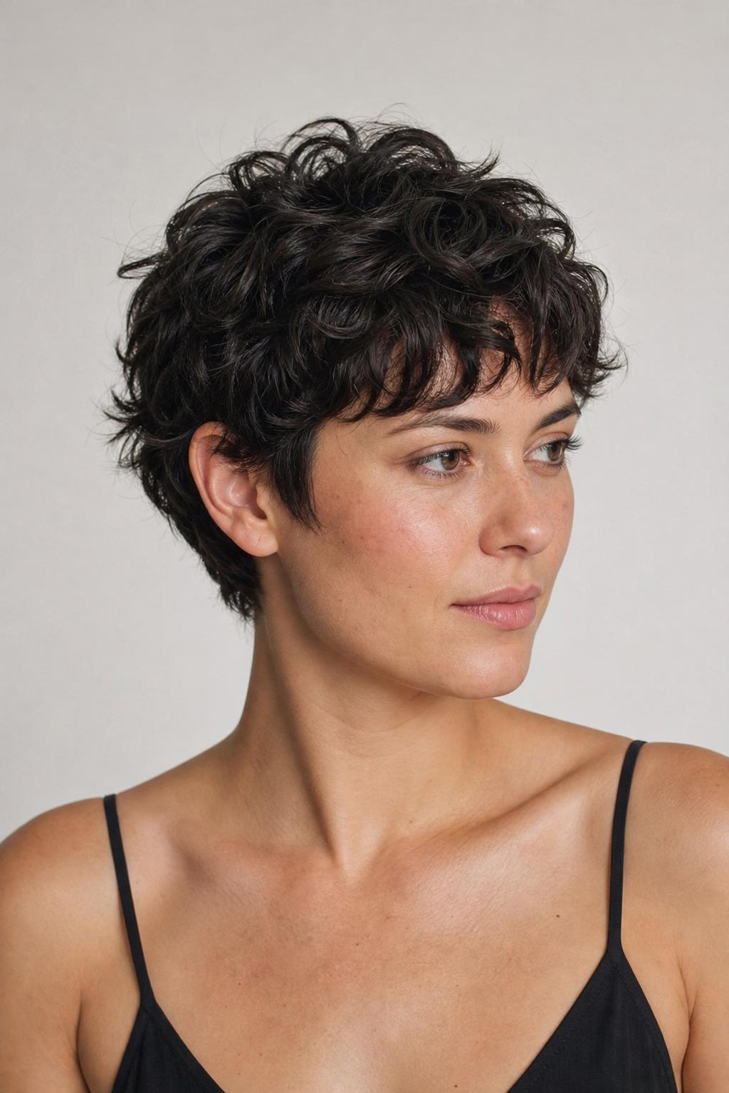 Tousled Textured Pixie with Organic Movement and Lifted Crown on Wavy Dark Medium Hair