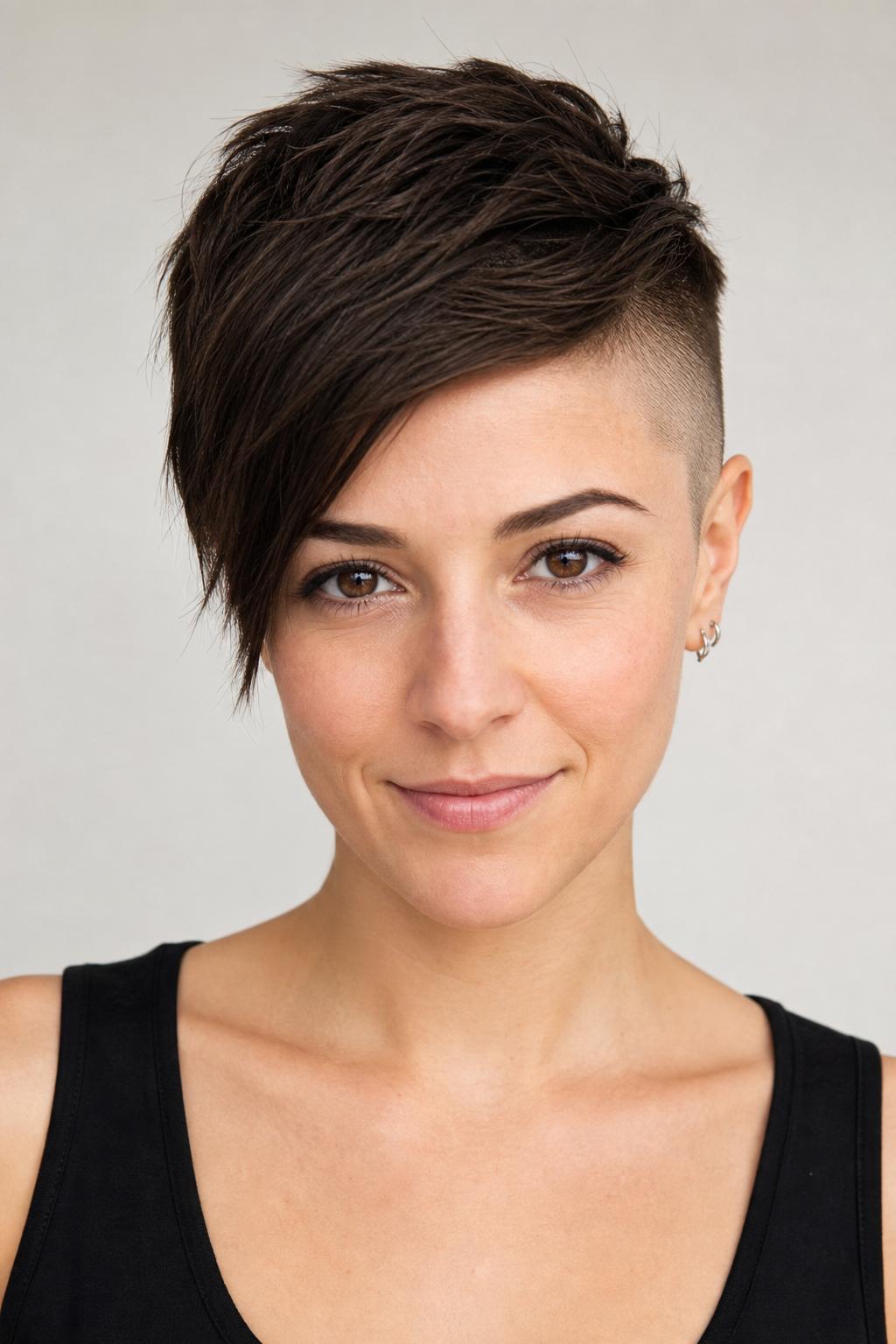 Undercut-Side Asymmetric Pixie with Skin Fade on One Side and Longer Swept Top on Dark Hair
