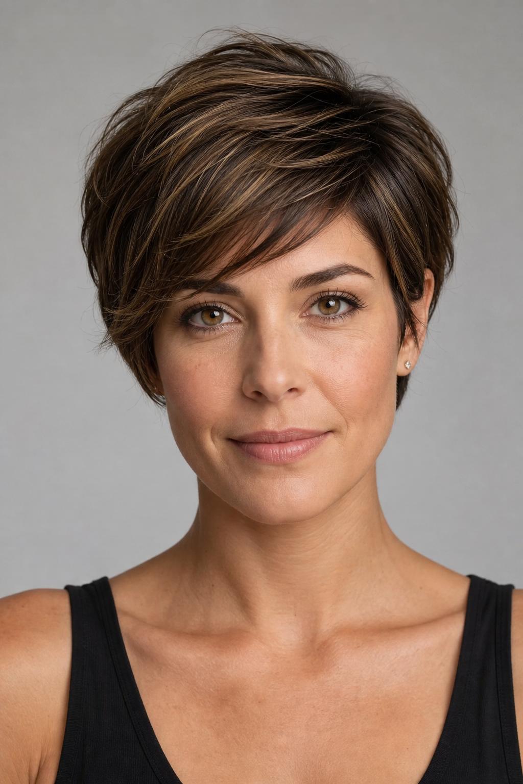Warm-Highlight Long Pixie with Caramel Tones Through the Crown on Medium Brunette Hair