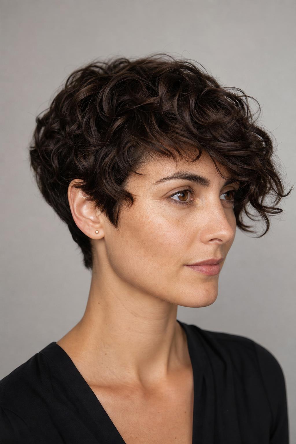 Wavy-Texture Asymmetric Pixie with Natural Wave Movement on Medium-Density Dark Wavy Hair