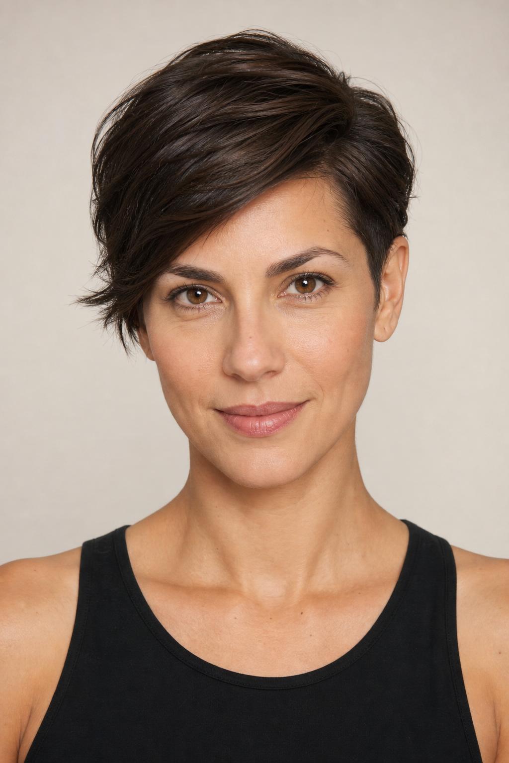 Wax-Defined Side-Swept Asymmetric Pixie with Separated Front Pieces on Natural Dark Hair