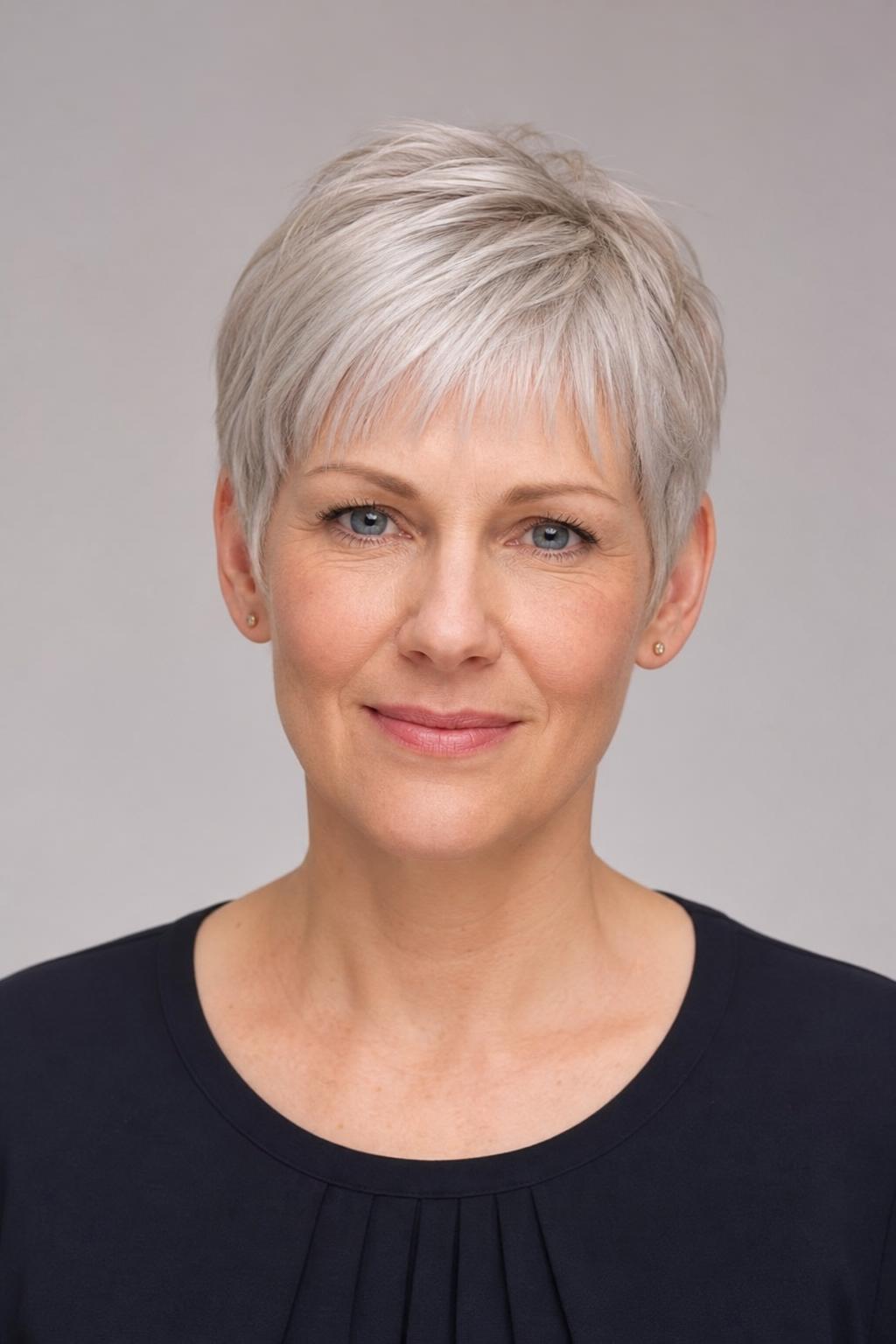 Wispy Brow-Grazing Fringe Pixie with Thin Pointed Fringe on Fine Silver-Blonde Hair