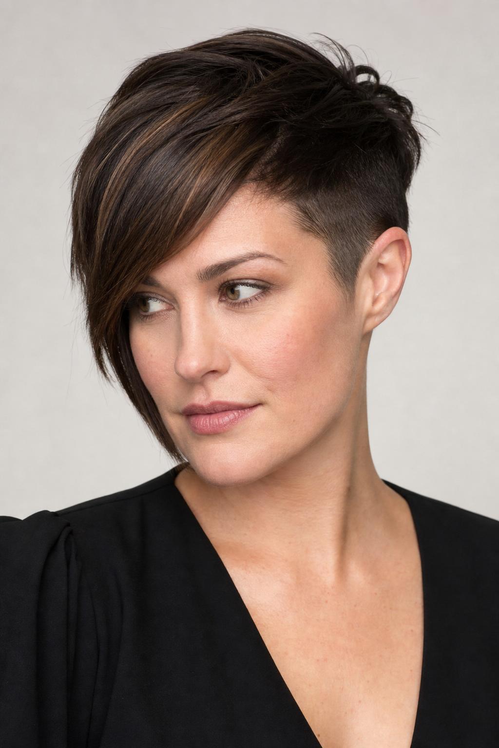 Asymmetric Pixie with One Long Side Sweeping Past the Cheekbone on Dark Hair