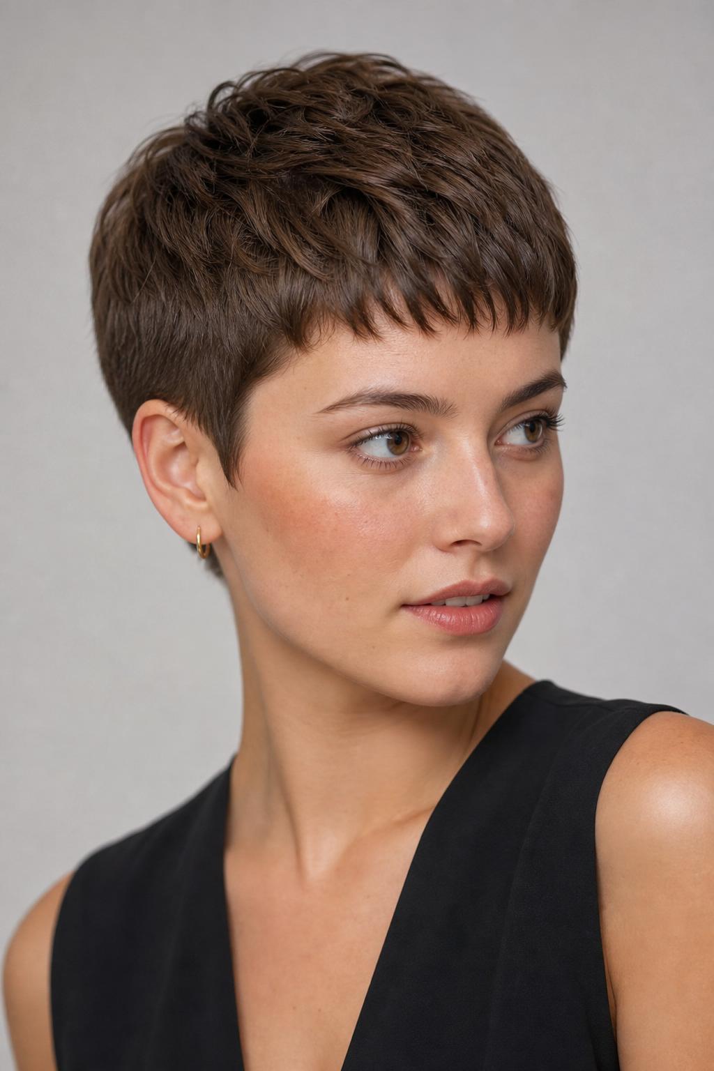 Cropped Pixie with a Short Baby Fringe High on the Forehead on Chestnut Hair