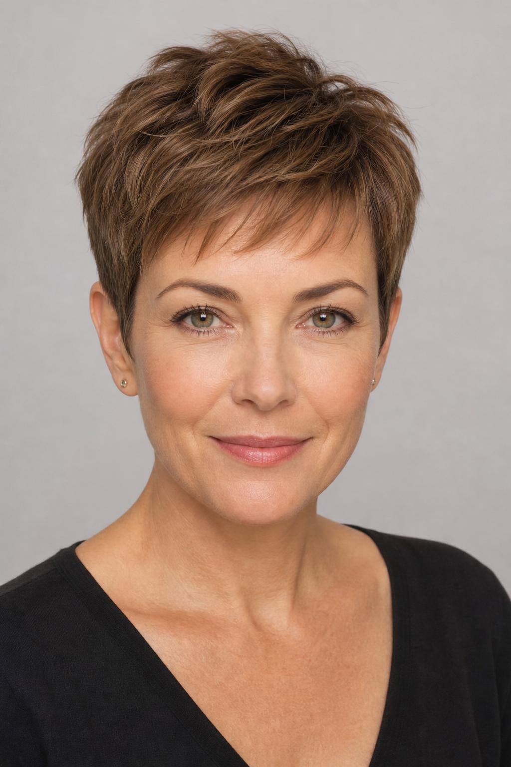 Fine-Hair Pixie with a Fringe Blended Into Textured Layers on Light Brown Hair