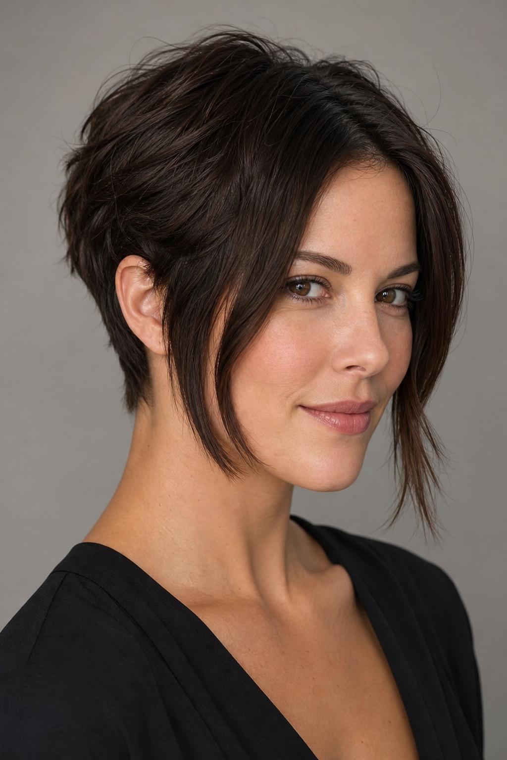 Longer Pixie with Front Pieces Reaching the Chin on Dark Brown Hair