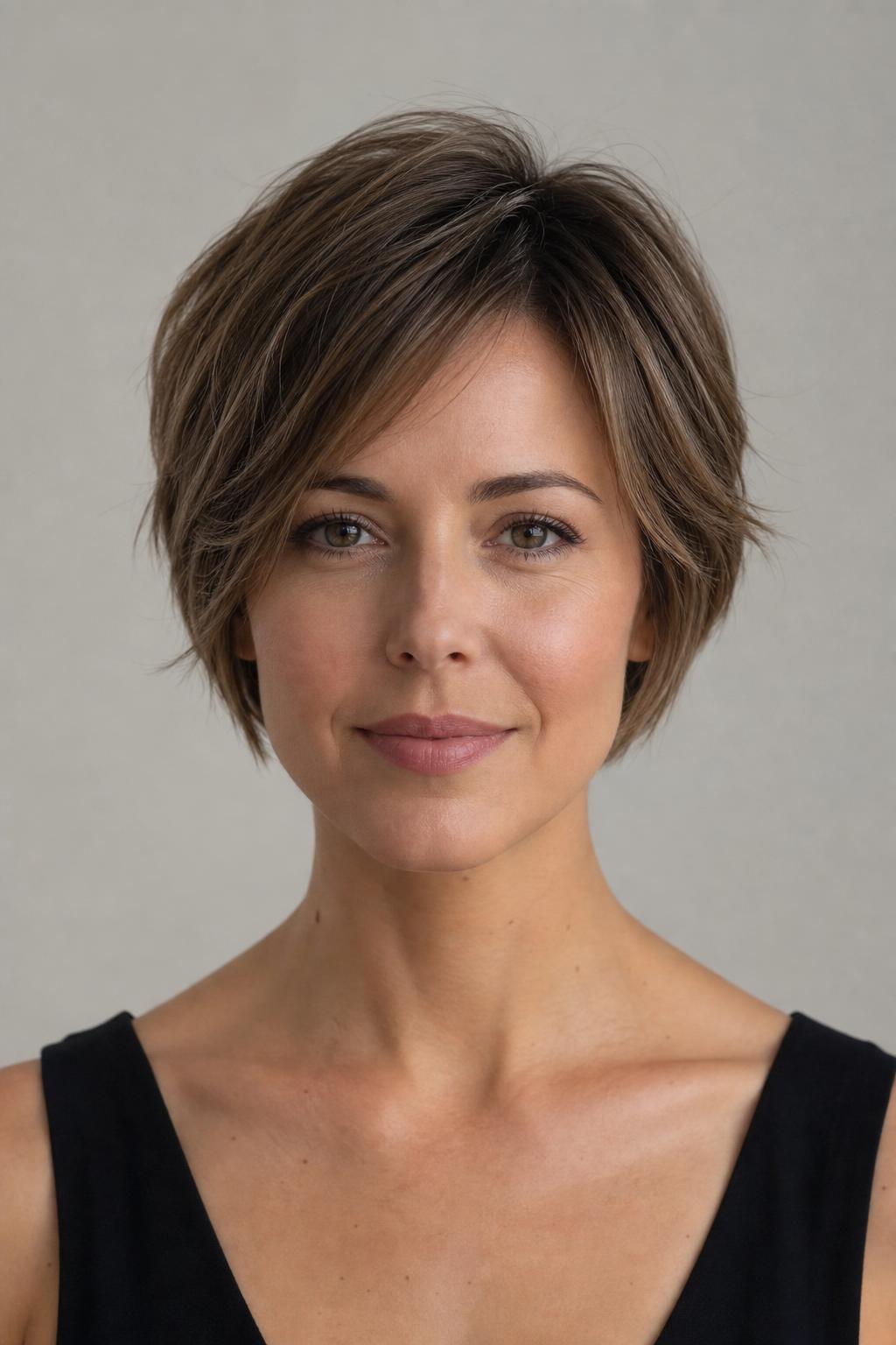 Layered Pixie in Cool Ash Brunette with Soft Jaw-Framing Pieces on Dark Hair