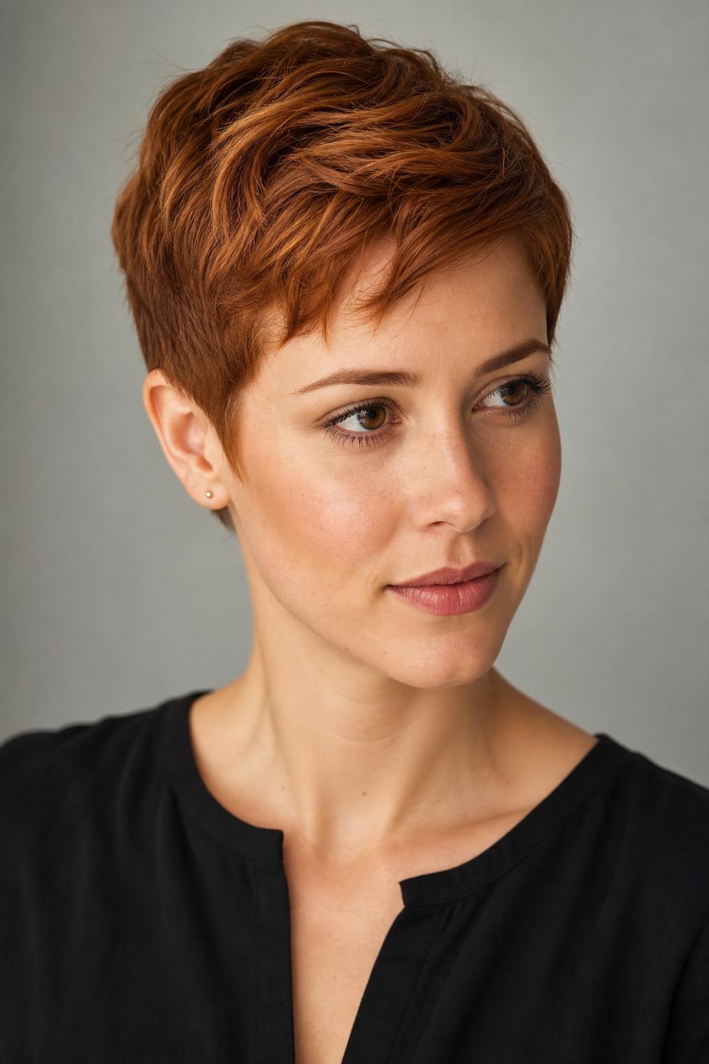 Short Copper Pixie with a Soft Front Piece on Textured Hair