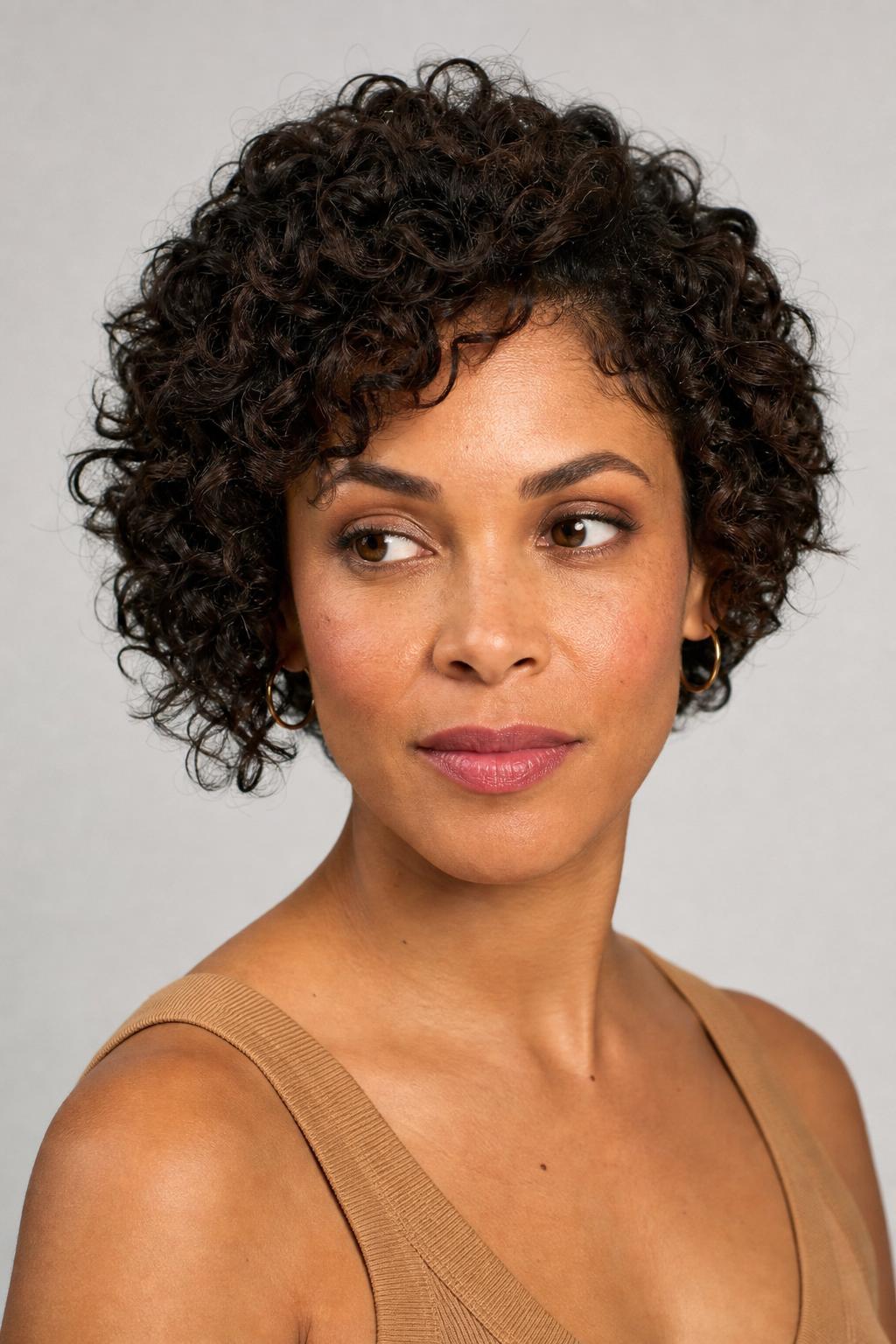 Curly Pixie with Coils Concentrated Near the Jaw on Dark Textured Hair