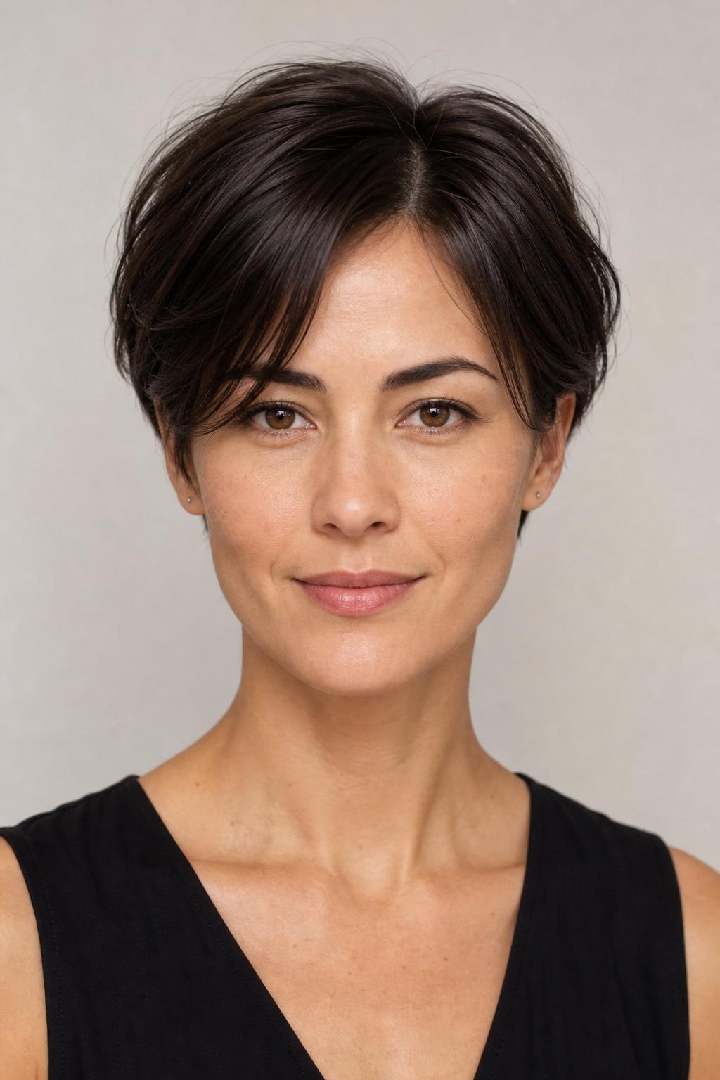 Pixie with a Center-Parted Curtain Fringe Framing the Cheekbones on Dark Hair