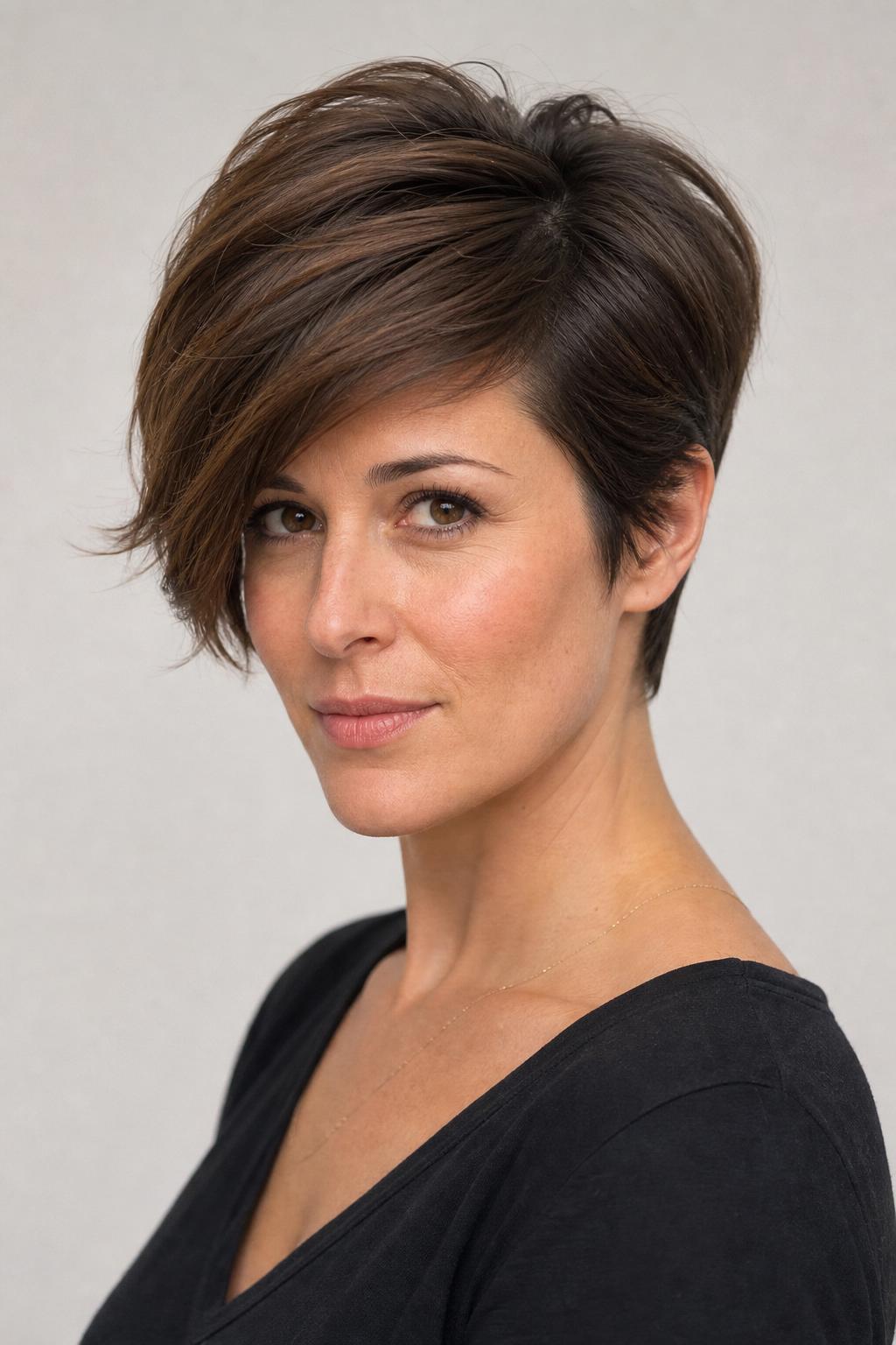 Longer Pixie with a Deep Side Part Sweeping Over a Wide Forehead on Chestnut Hair