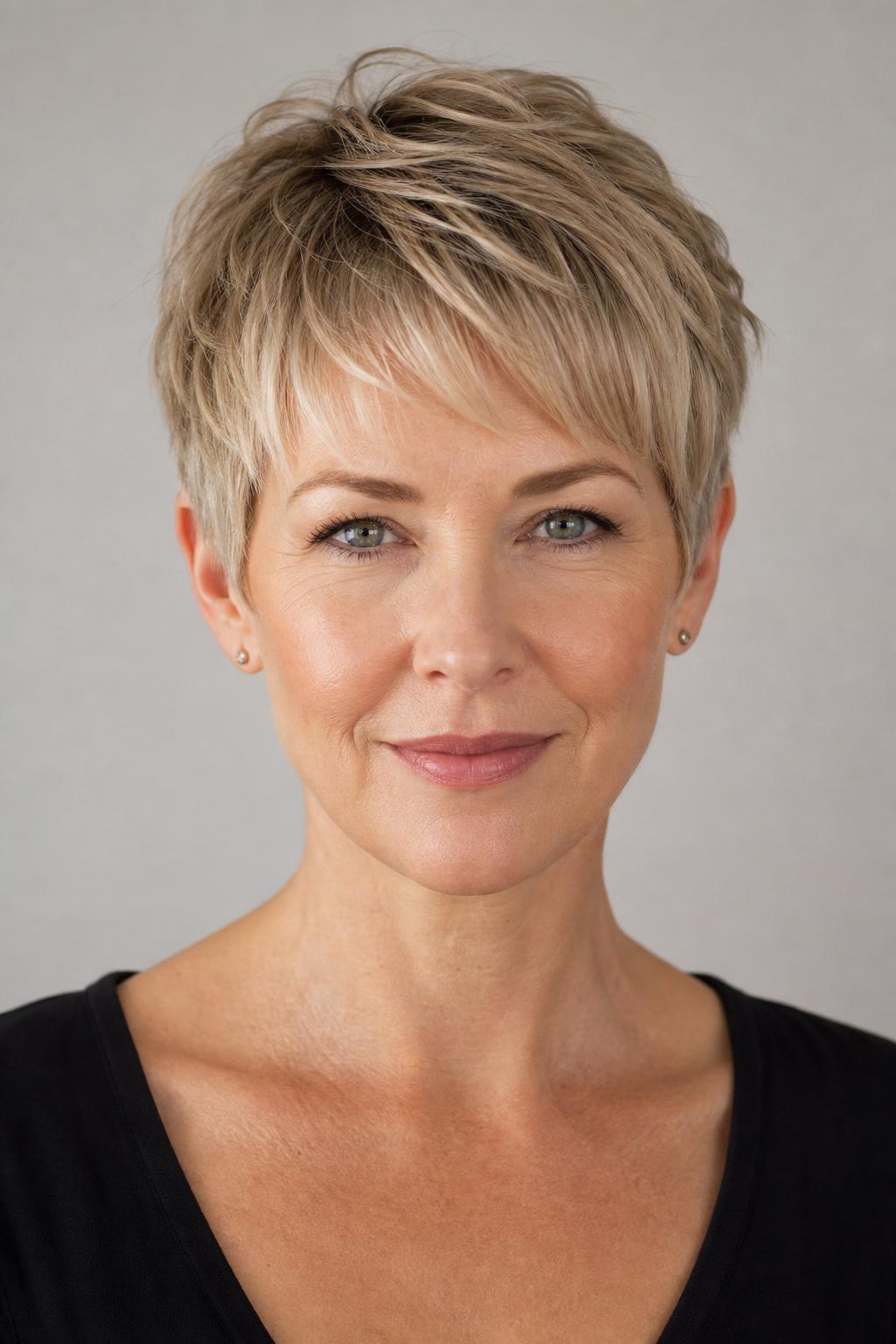 Short Pixie on Fine Hair with a Soft Blended Fringe on Ash Blonde Hair