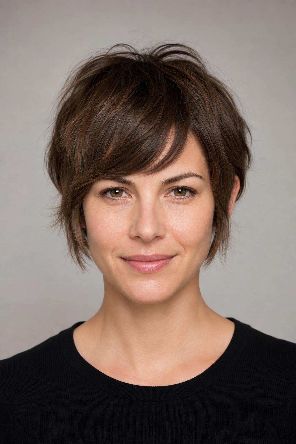 Grown-Out Pixie with a Long Fringe Blending Into Cheekbone-Length Pieces on Brown Hair