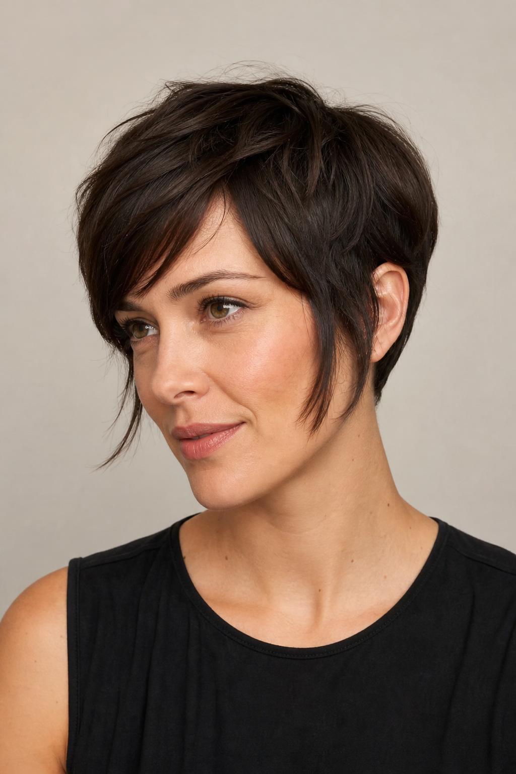 Pixie with Longer Pieces Left at the Jaw to Add Width Low on Dark Hair
