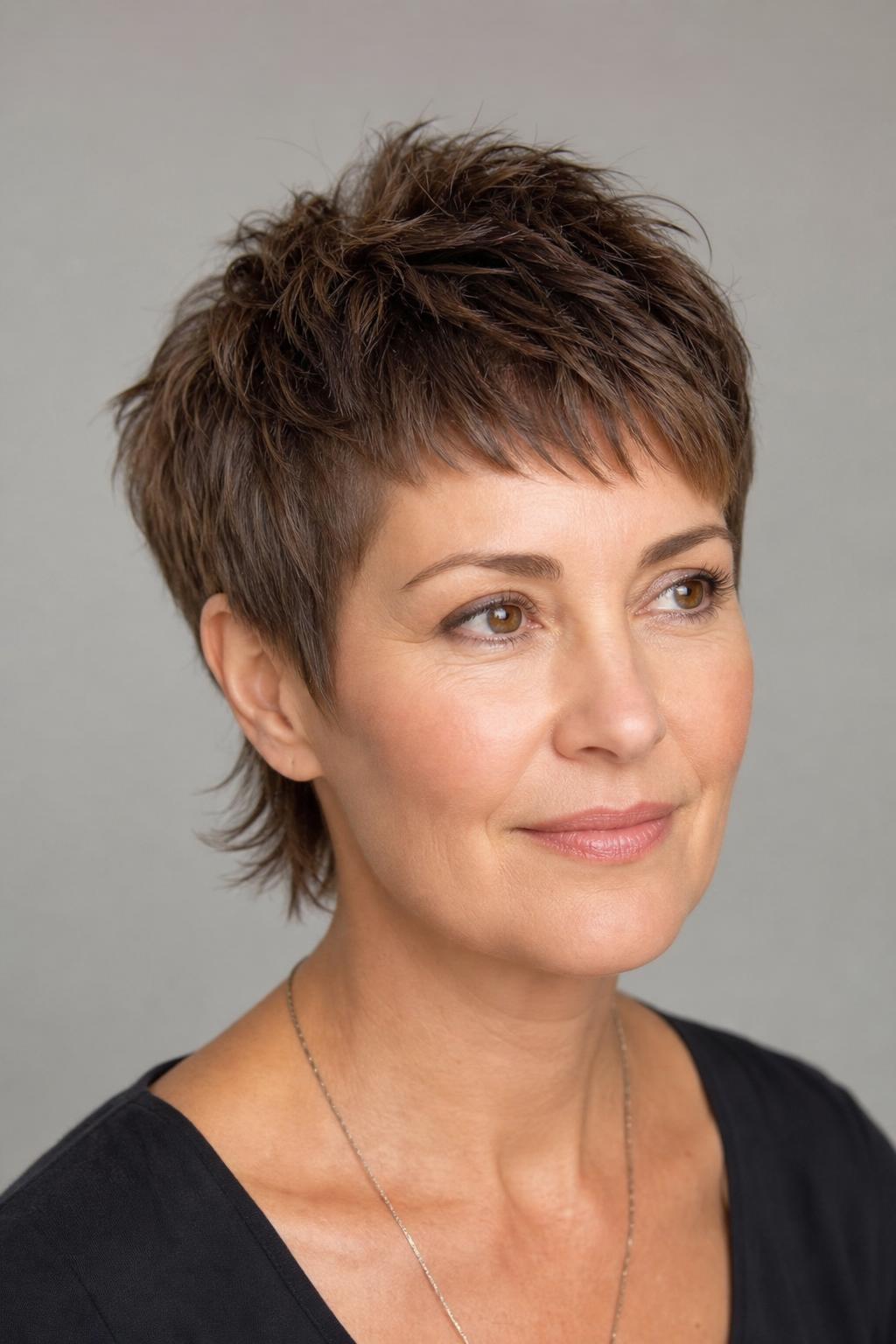 Pixie with Textured Length Left at the Nape on Medium Brown Hair