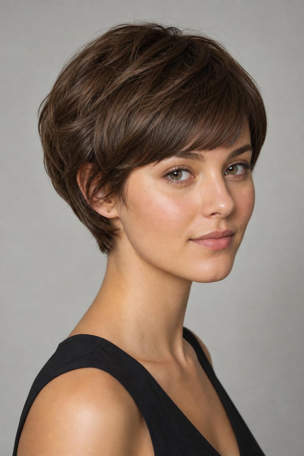 Pixie with Rounded Layers Sitting Fullest at the Jaw on Light Brown Hair