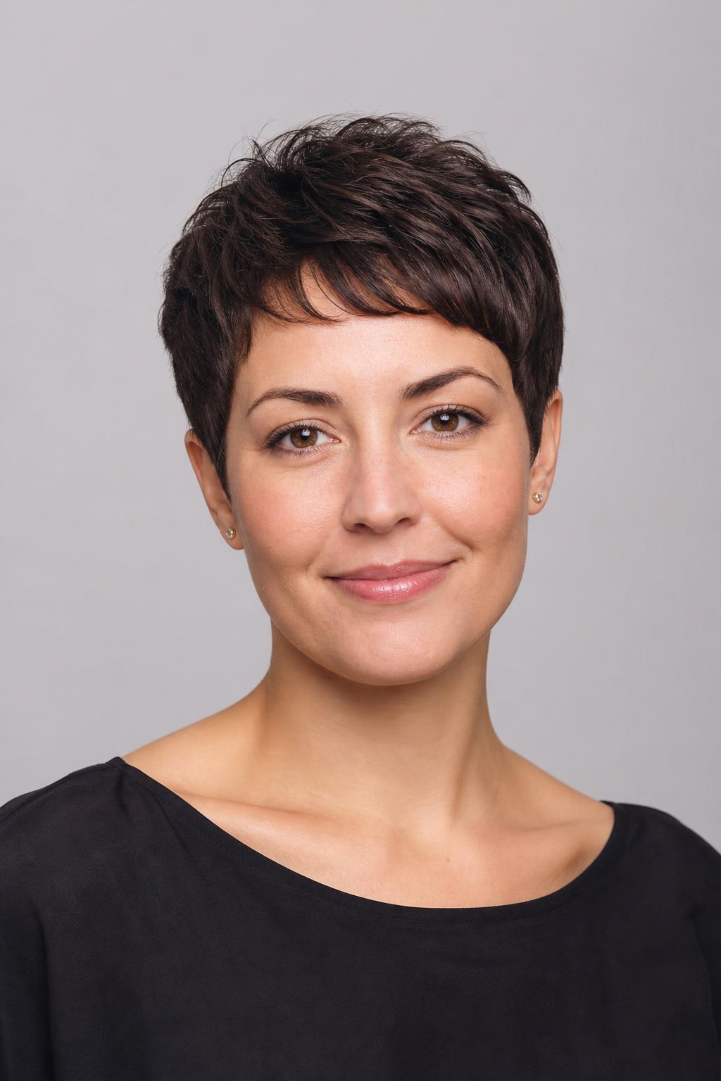 Short Cropped Pixie with a Soft Fringe on a Heart-Shaped Face on Dark Hair